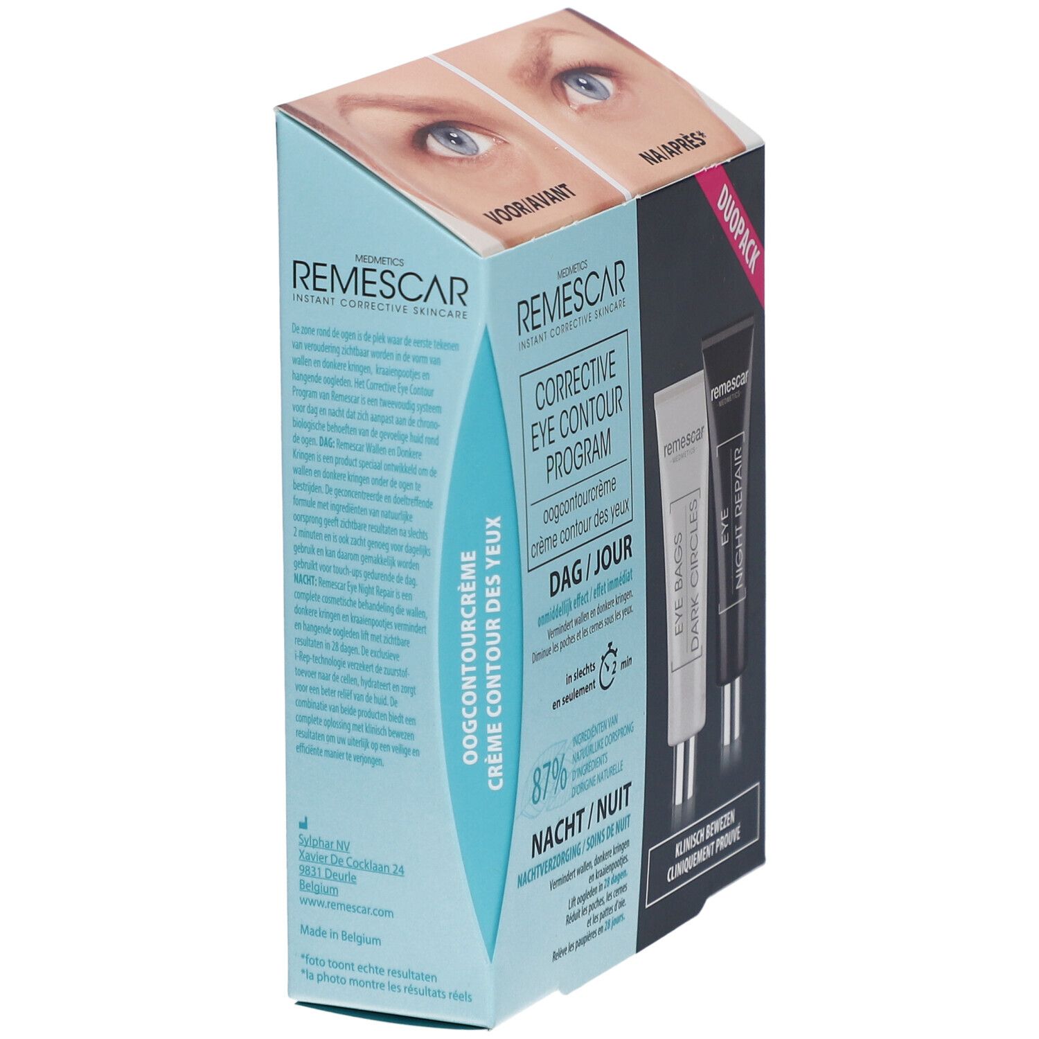 Doos met productinformatie. Bevat twee tubes. Opschrift 'Remescar' en 'Corrective Eye Contour Program'.