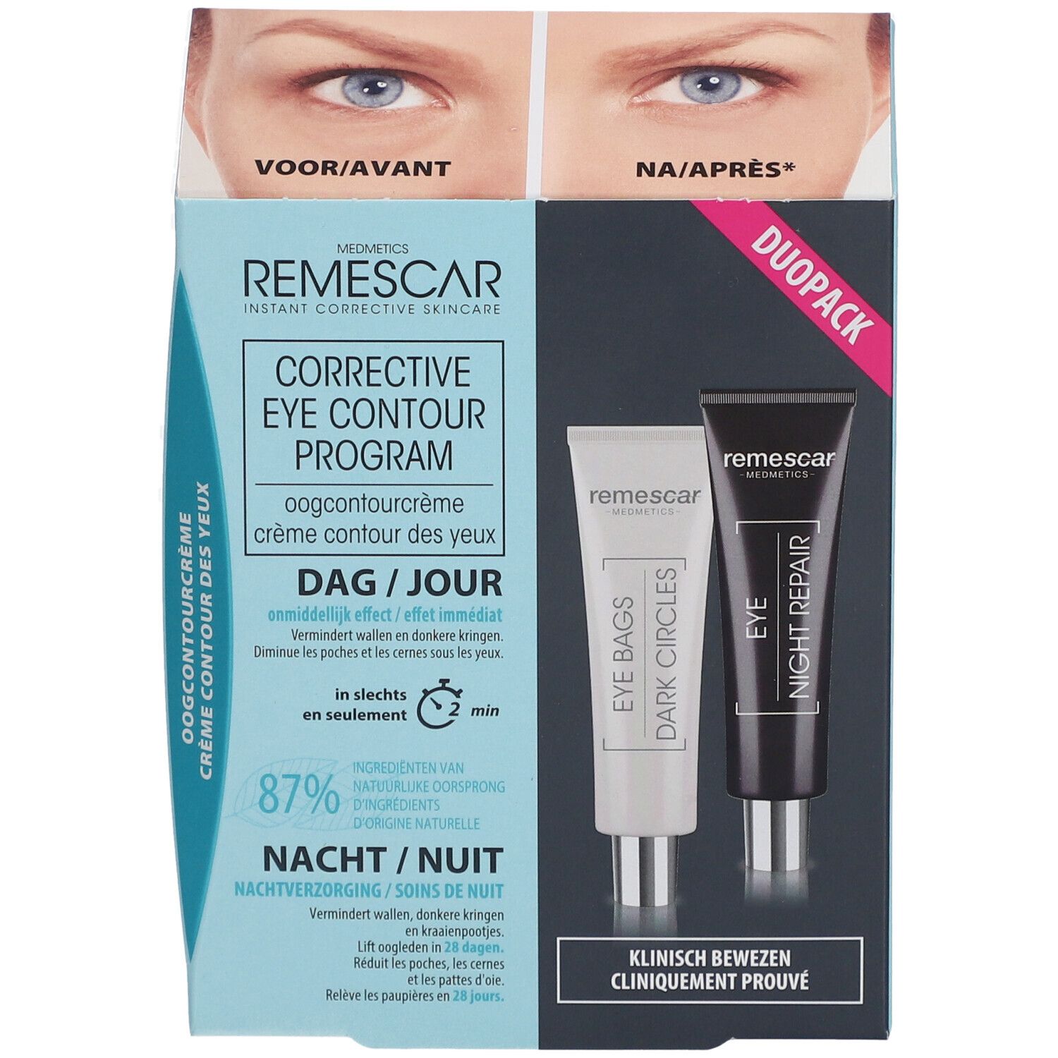 Duo-Pack met twee tubes. Een witte tube met 'Eye Bags Dark Circles'. Een zwarte tube met 'Eye Night Repair'.