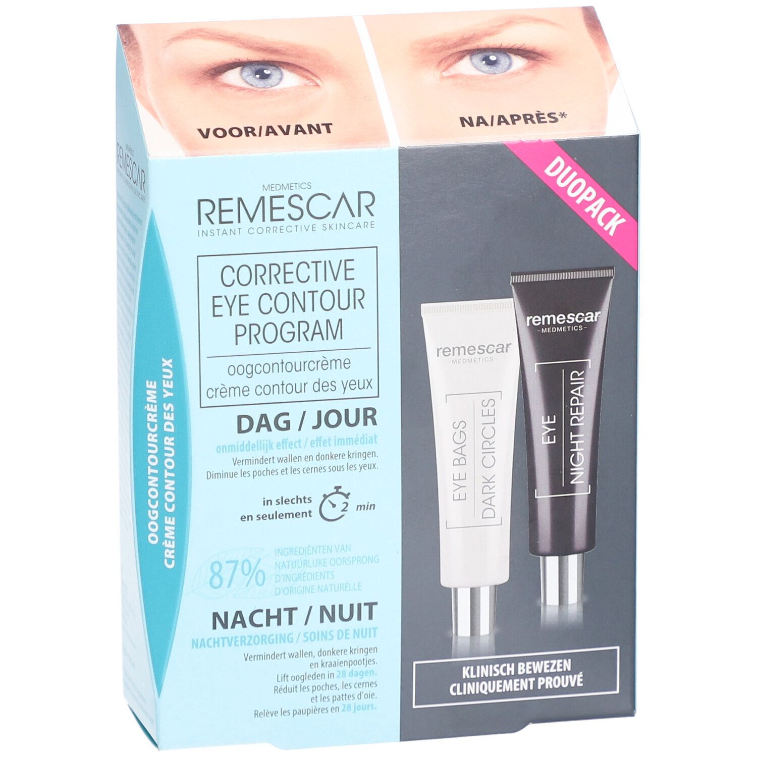 Duo-Pack met twee tubes. Een witte tube met 'Eye Bags Dark Circles'. Een zwarte tube met 'Eye Night Repair'.