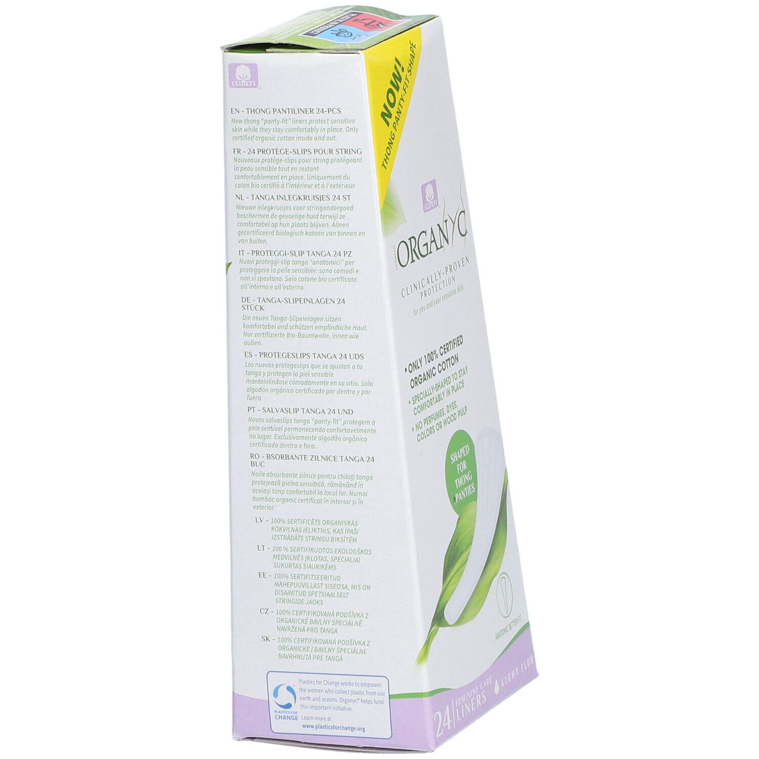 Organyc-Verpackung, Text in mehreren Sprachen. 24 Slipeinlagen. Thong-Panty-Fit-Form.
