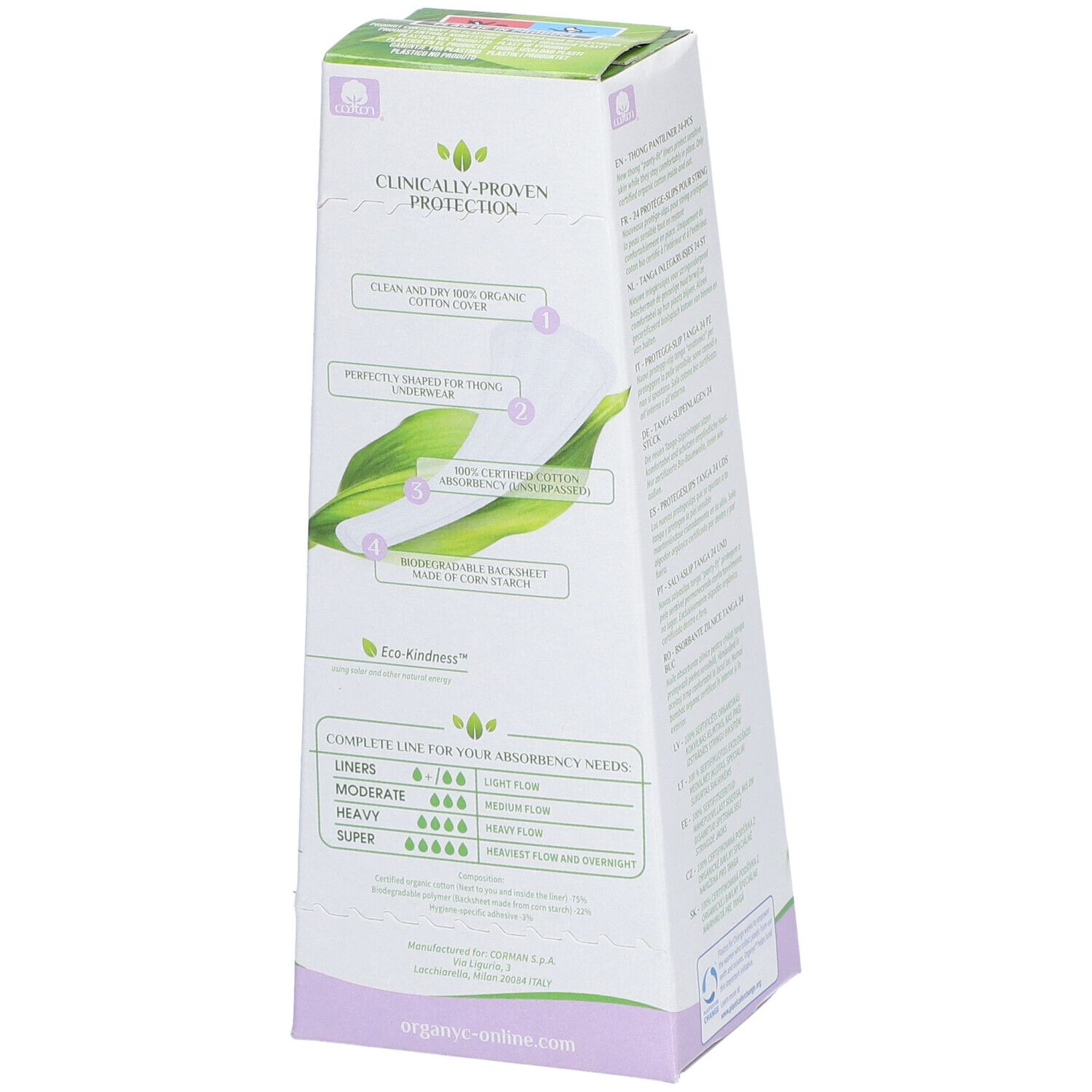 Organyc-Verpackung, Rückseite mit Informationen. 100% Bio-Baumwolle. Für leichte bis starke Blutung.