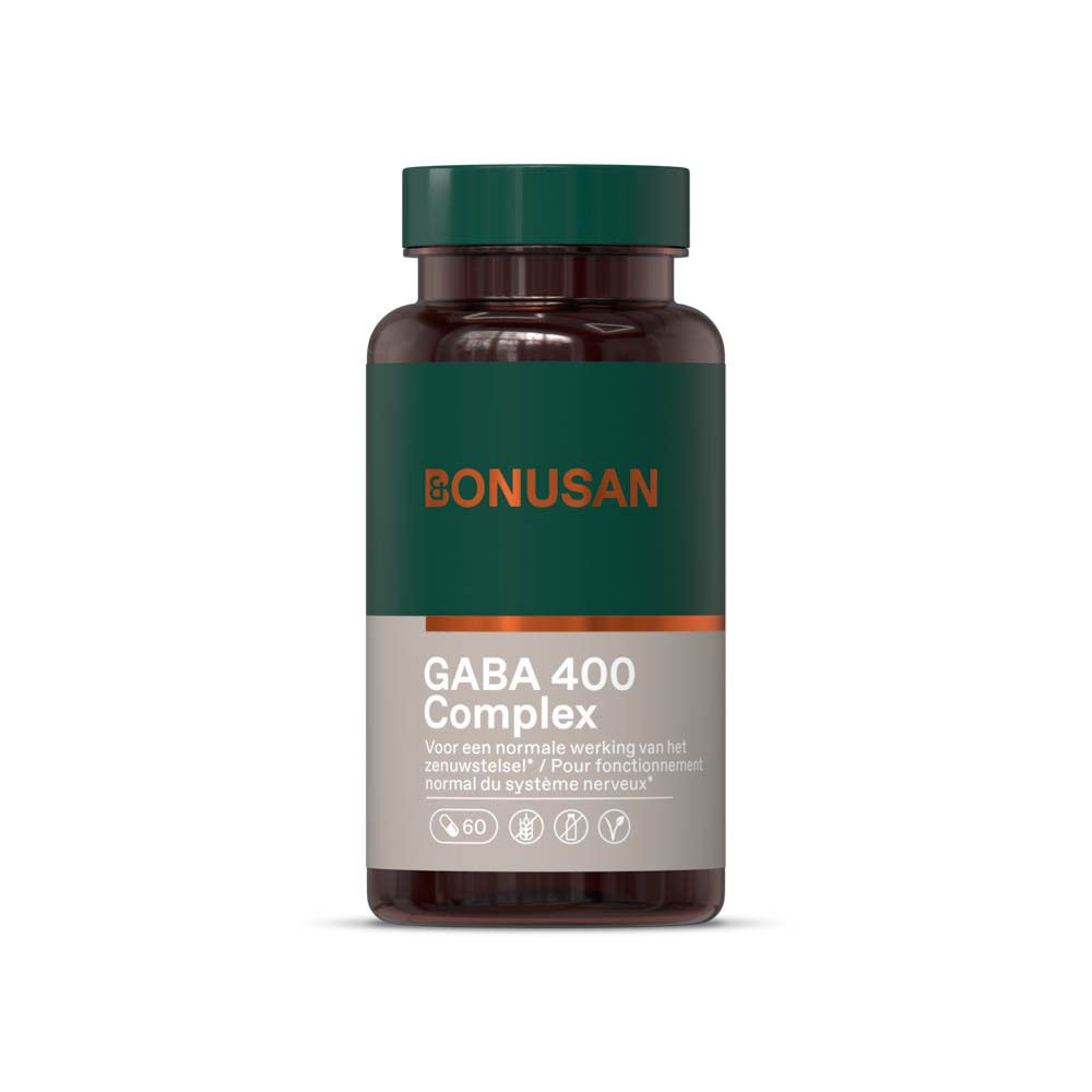 Bruine fles met groen etiket en witte dop. Opschrift: BONUSAN GABA 400 Complex. 60 capsules.