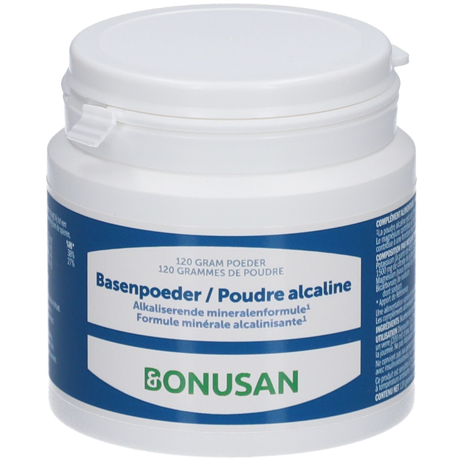 Weißes, zylindrisches Bonusan-Behälter mit blauem Etikett. Aufschrift: Basenpoeder/Poudre alcaline. Bonusan-Logo.