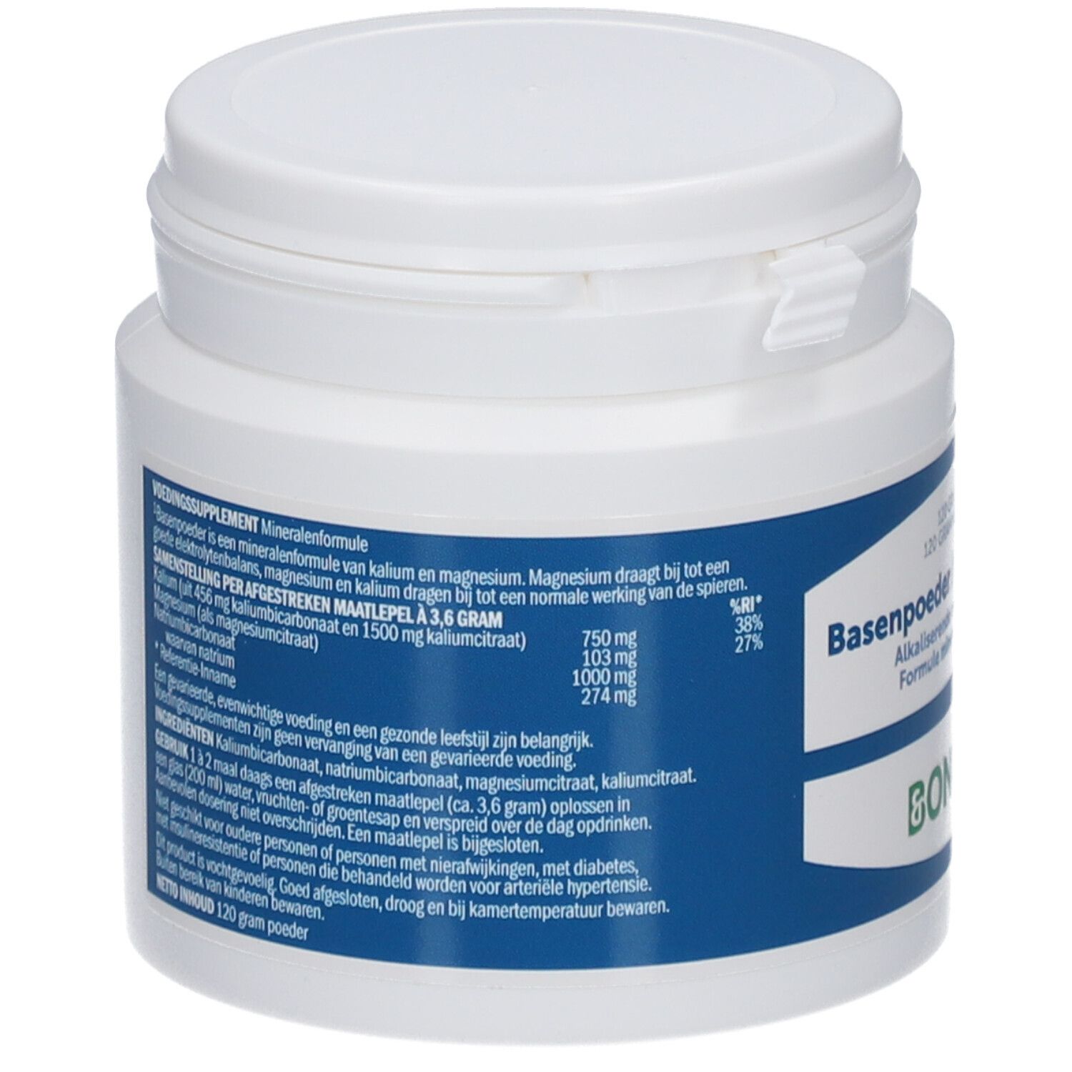 Rückseite des weißen Bonusan-Behälters. Blaue Etikett mit Produktinformationen. Aufschrift: Basenpoeder. Inhaltsstoffe und Dosierung.