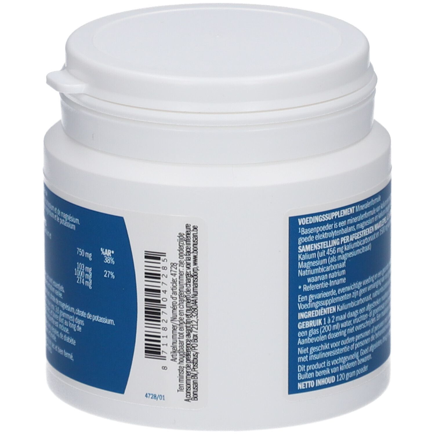 Rückseite des weißen Bonusan-Behälters. Blaue Etikett mit Produktinformationen. Barcode und Herstellerinformationen.