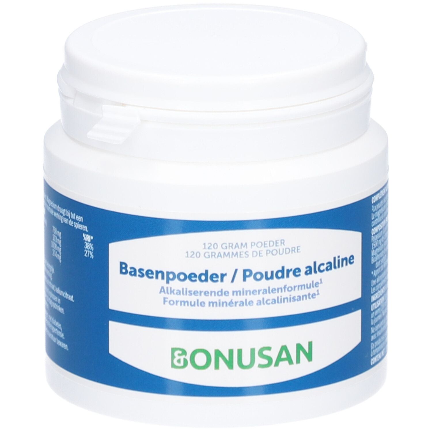 Weißer Bonusan-Behälter mit blauem Etikett. Aufschrift: Basenpoeder/Poudre alcaline. 120 Gramm Pulver. Bonusan-Logo.
