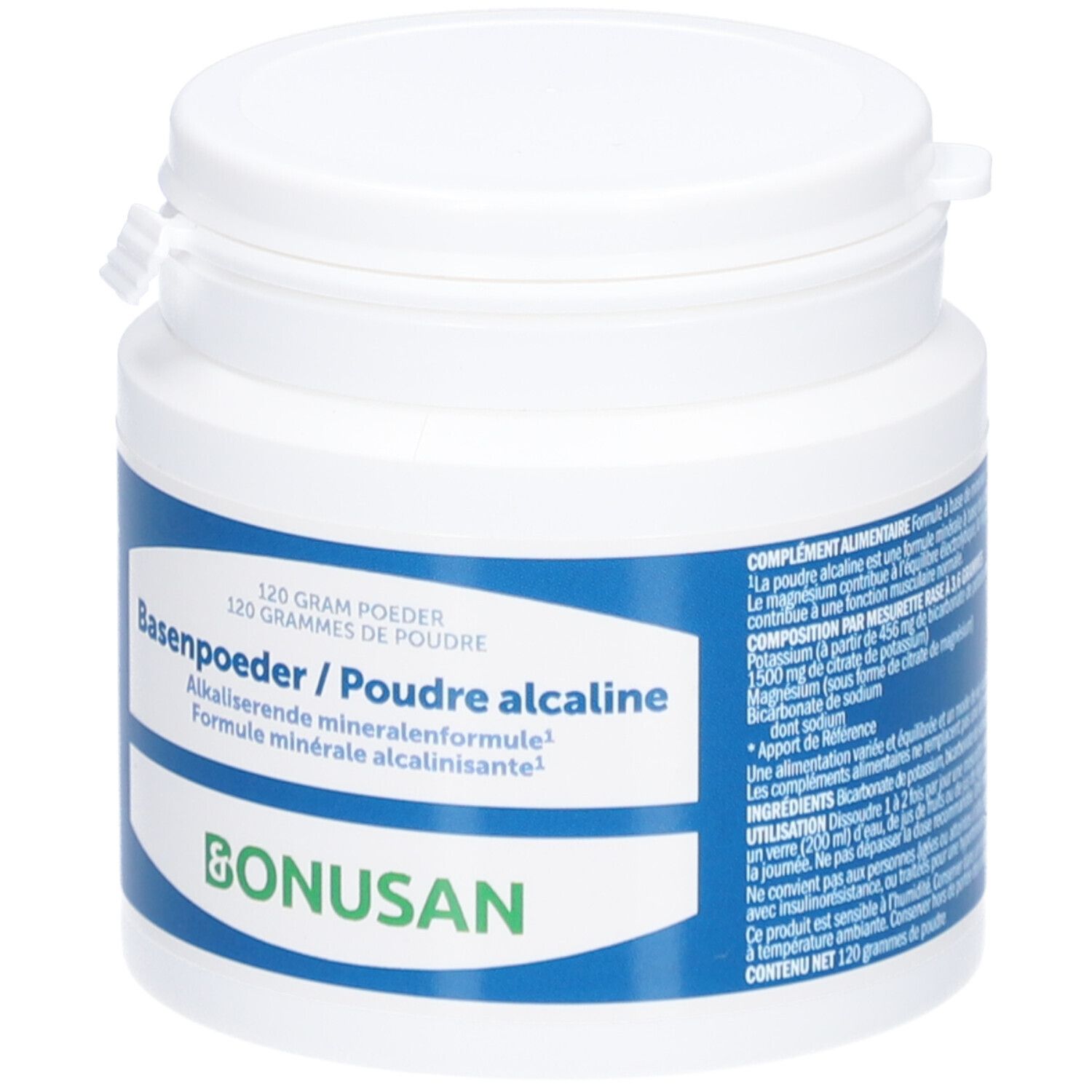 Weißer Bonusan-Behälter mit blauem Etikett. Aufschrift: Basenpoeder/Poudre alcaline. 120 Gramm Pulver. Bonusan-Logo.