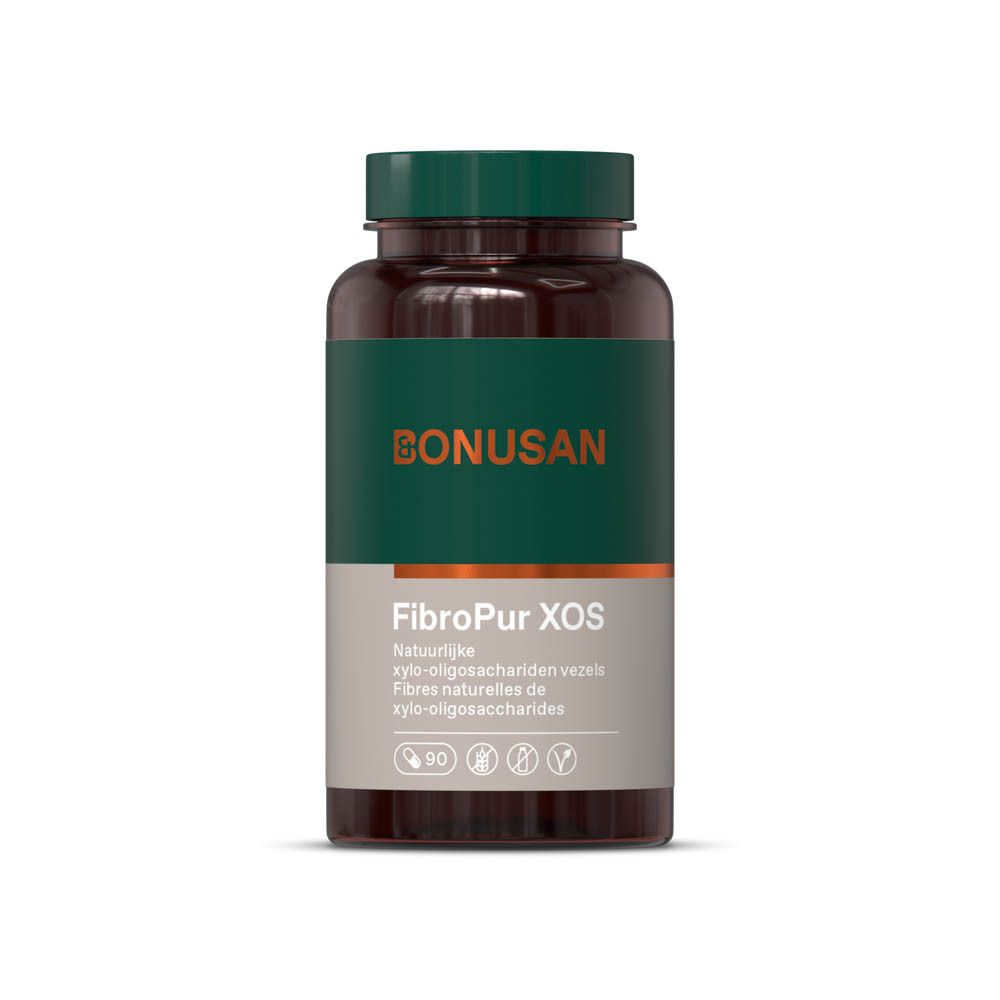 Bruine fles met groene dop. Etiket met productnaam FibroPur XOS en merk Bonusan. 90 capsules.