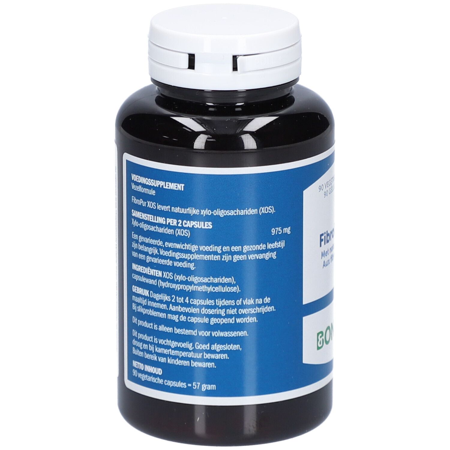 Dos du flacon. Informations sur le produit, ingrédients et dosage. Marque Bonusan. 90 gélules végétales, 57 grammes.