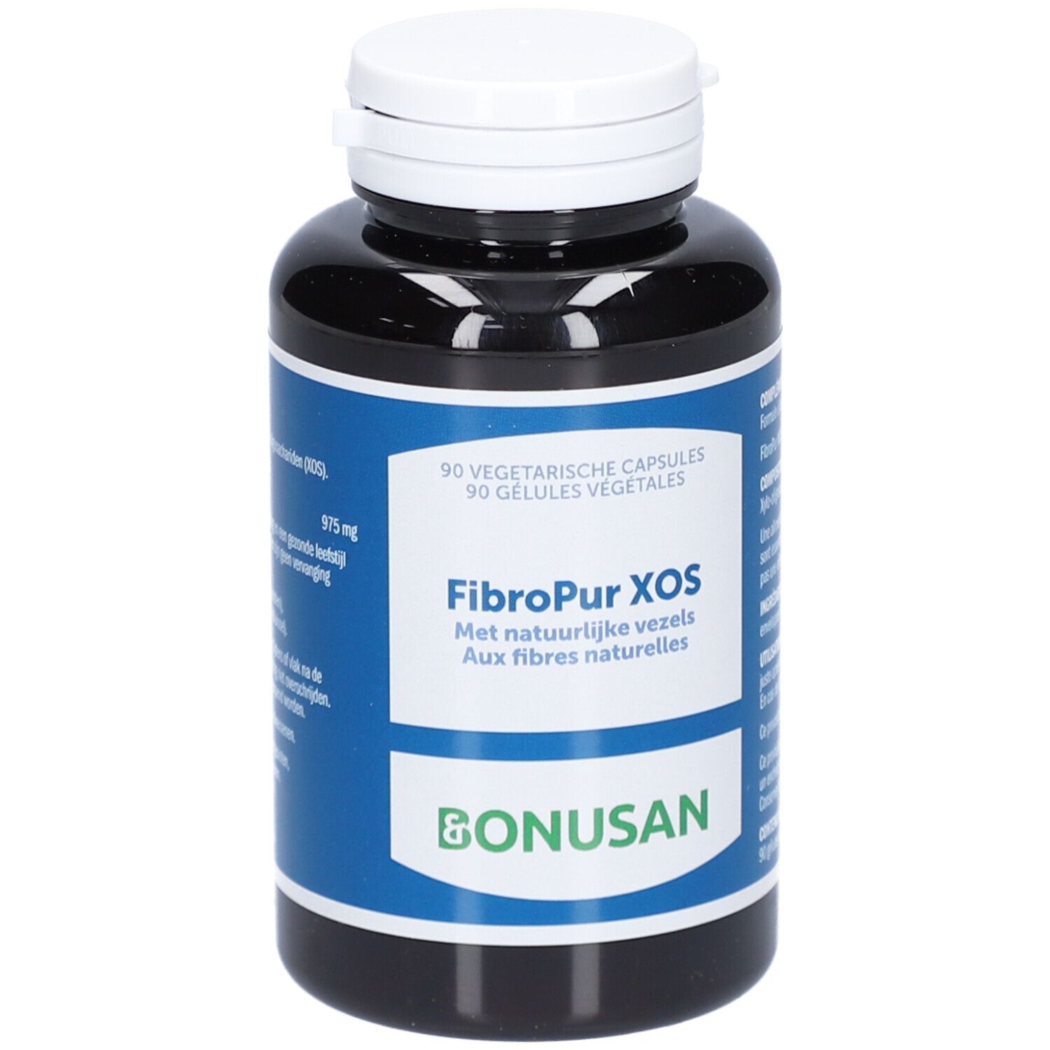 Flacon noir avec bouchon blanc. Étiquette avec nom du produit FibroPur XOS et marque Bonusan. 90 gélules végétales.