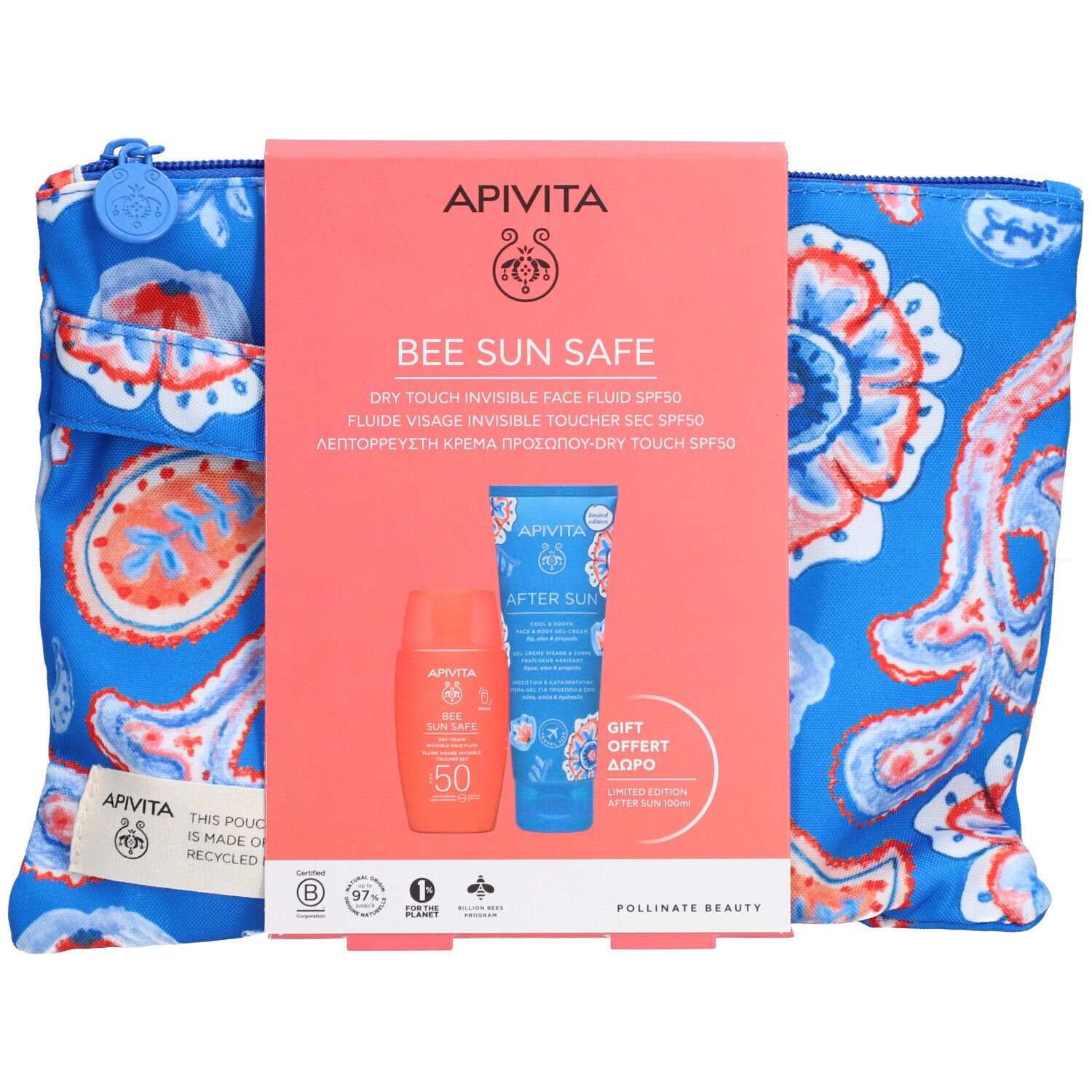 Ensemble avec trousse et deux produits. Inscription: Apivita Bee Sun Safe, SPF50. Flacon et tube. Logo de recyclage.
