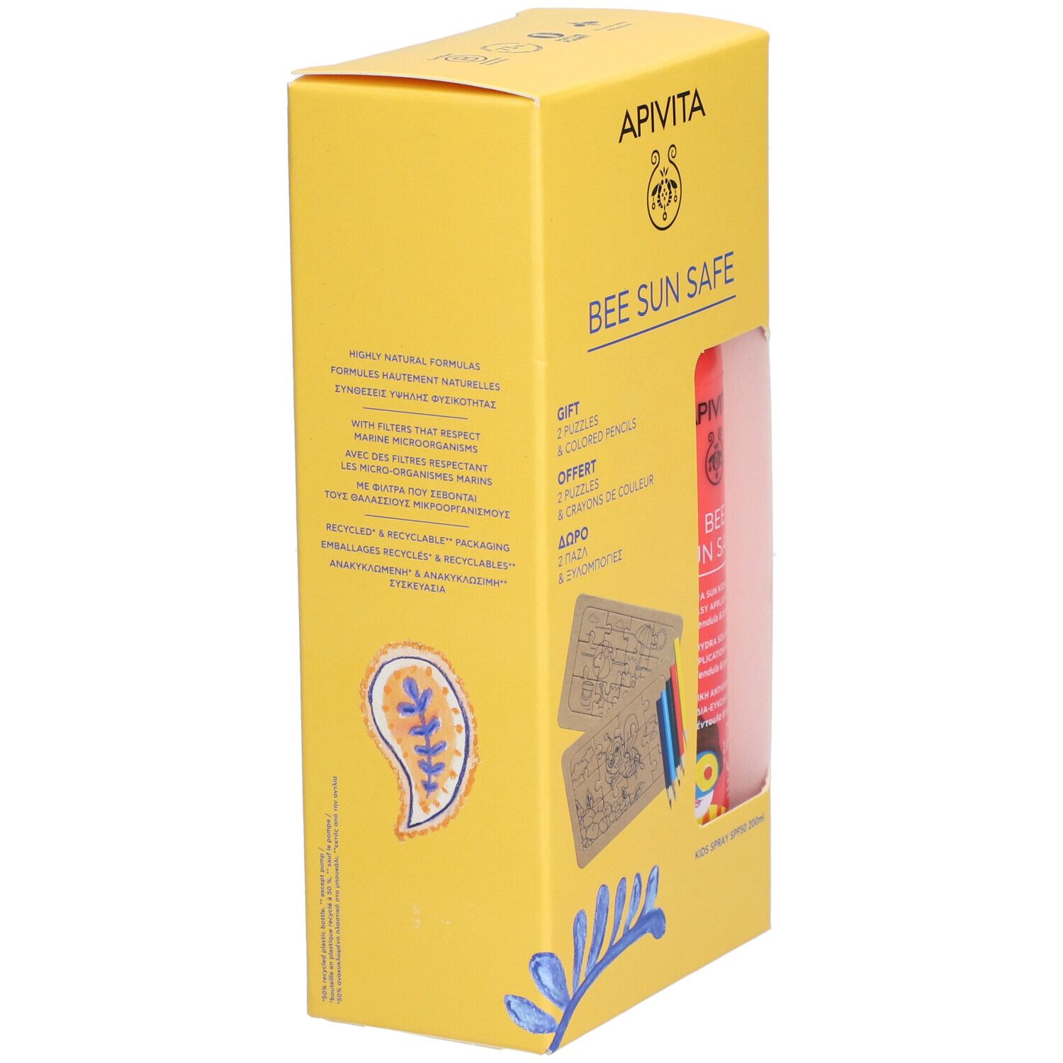 Gelbe Geschenkbox mit roter Sonnencreme. Aufschrift: Bee Sun Safe. Enthält Puzzles und Buntstifte.
