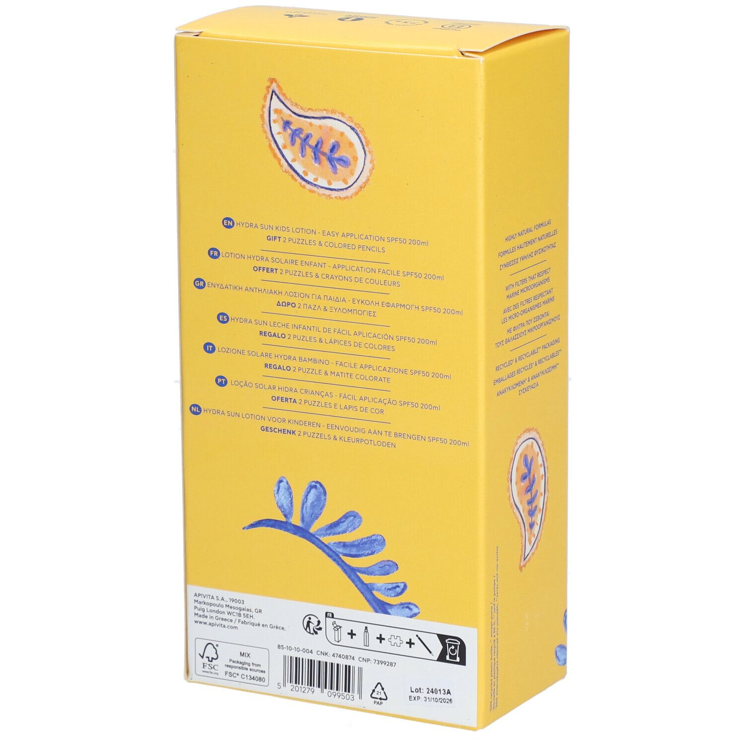 Gelbe Box mit Produktinformationen. Aufschrift: Hydra Sun Lotion, Easy Application SPF50. Enthält Puzzles.