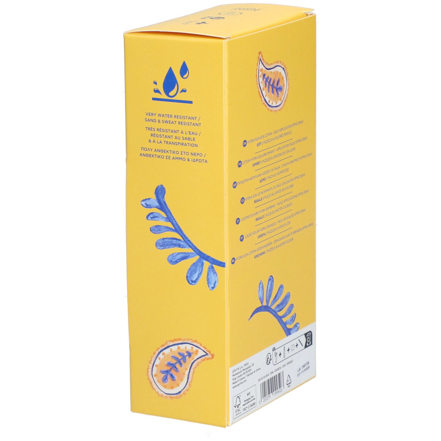 Gelbe Box mit Produktinformationen. Aufschrift: Very Water Resistant. Enthält Logos und Piktogramme.