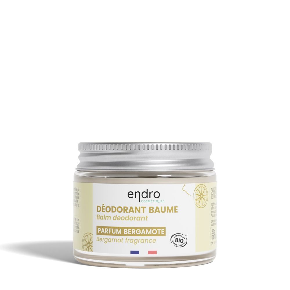 Baume déodorant en pot avec couvercle vissé. Inscription Parfum Bergamote, certification Bio.