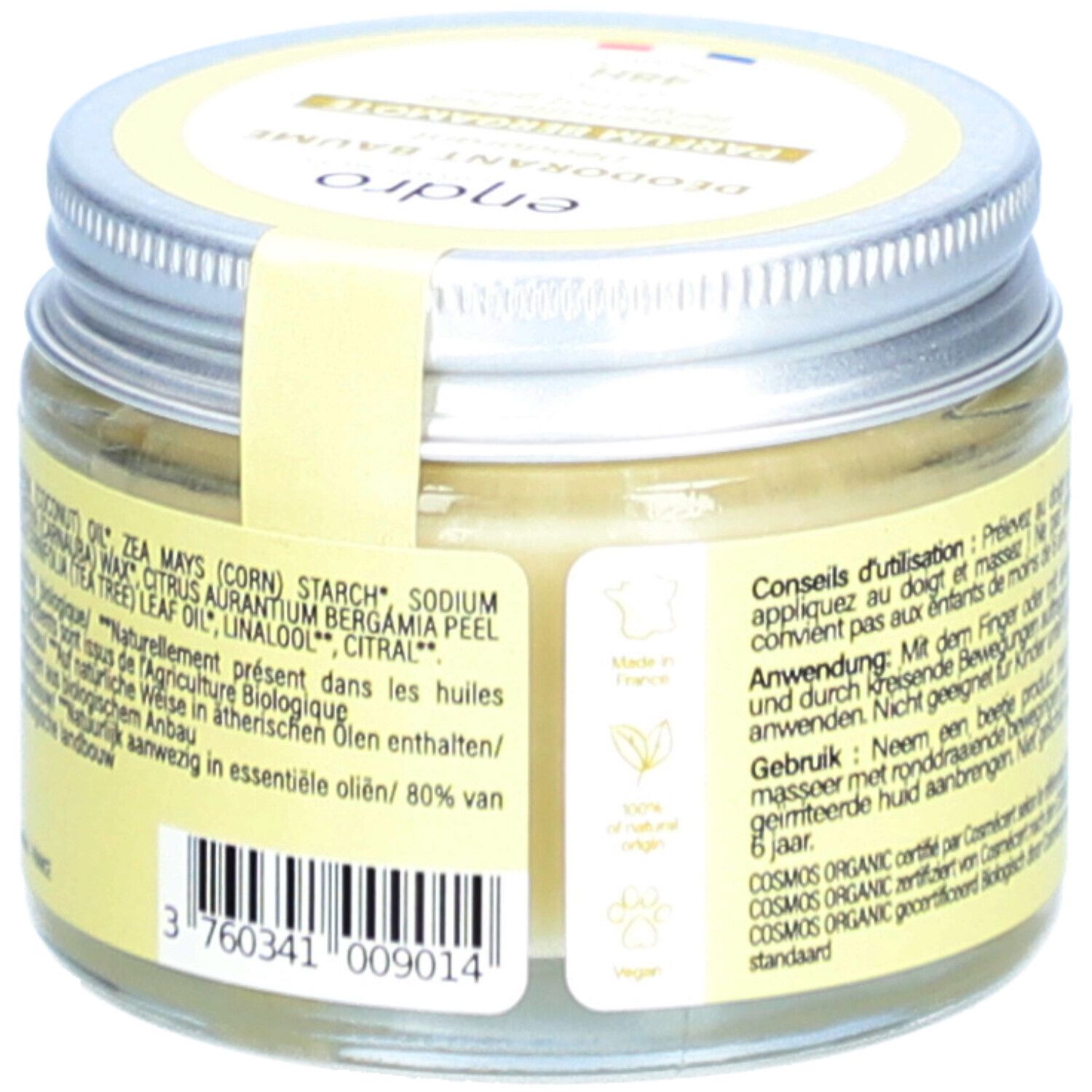 Dos du pot de baume déodorant. Ingrédients, code-barres, certification COSMOS, origine.