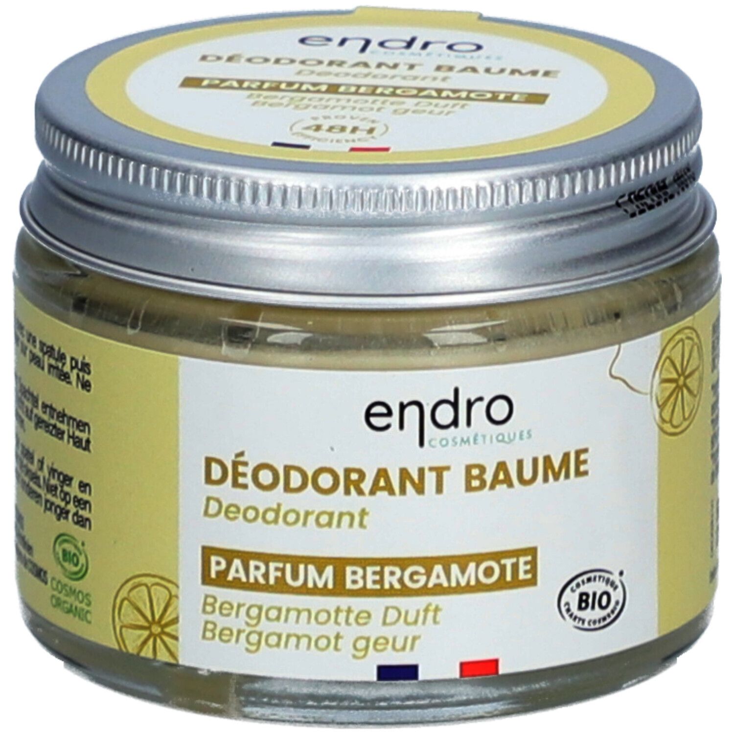 Baume déodorant en pot avec couvercle vissé. Inscription Parfum Bergamote, certification Bio.