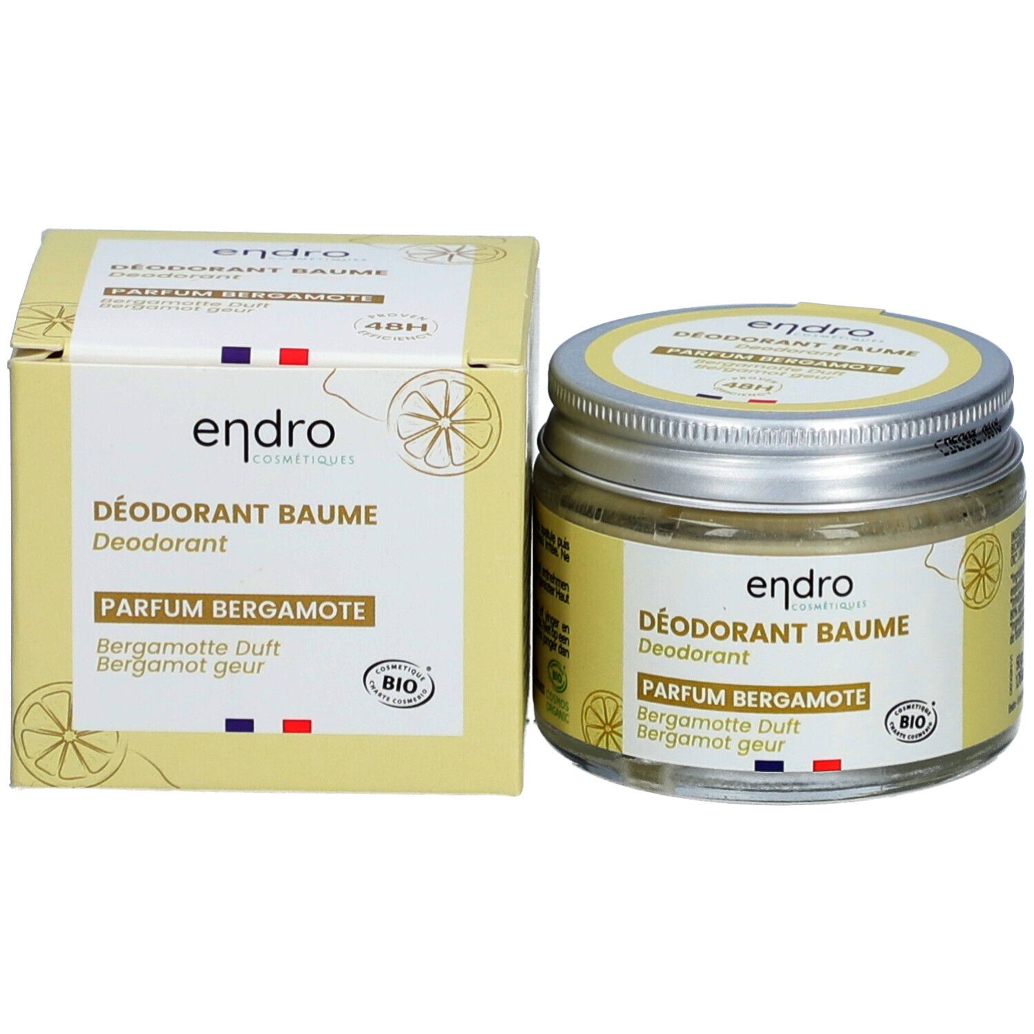Baume déodorant en pot et emballage carton. Inscription Parfum Bergamote, certification Bio.