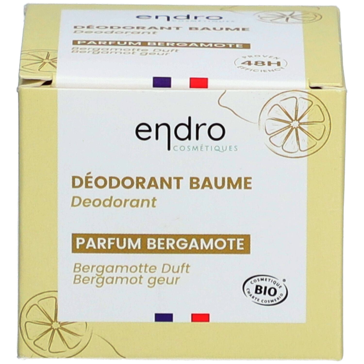 Emballage carton du baume déodorant. Inscription Parfum Bergamote, certification Bio.