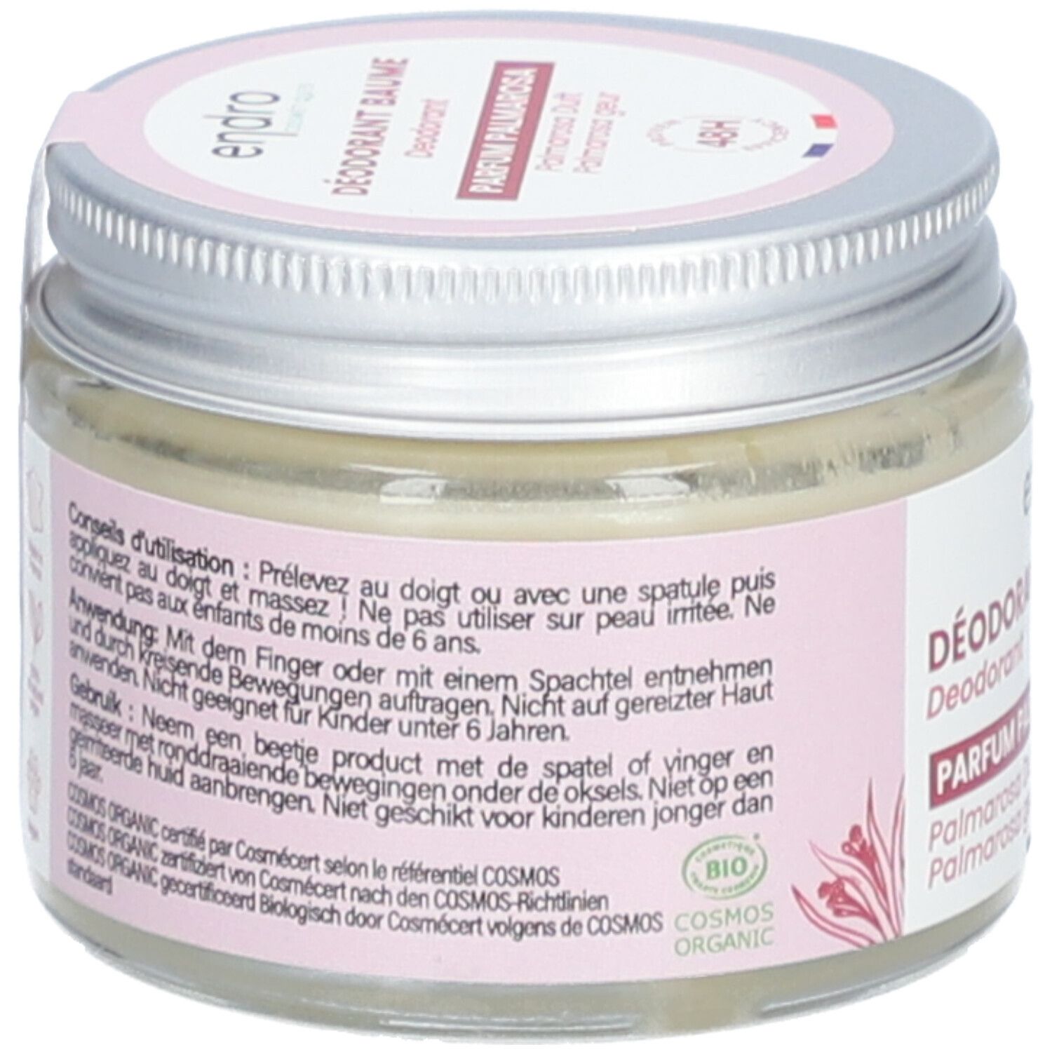 Dos du pot de déodorant Baume Endro. Étiquette rose avec informations d'utilisation et ingrédients. Label bio.
