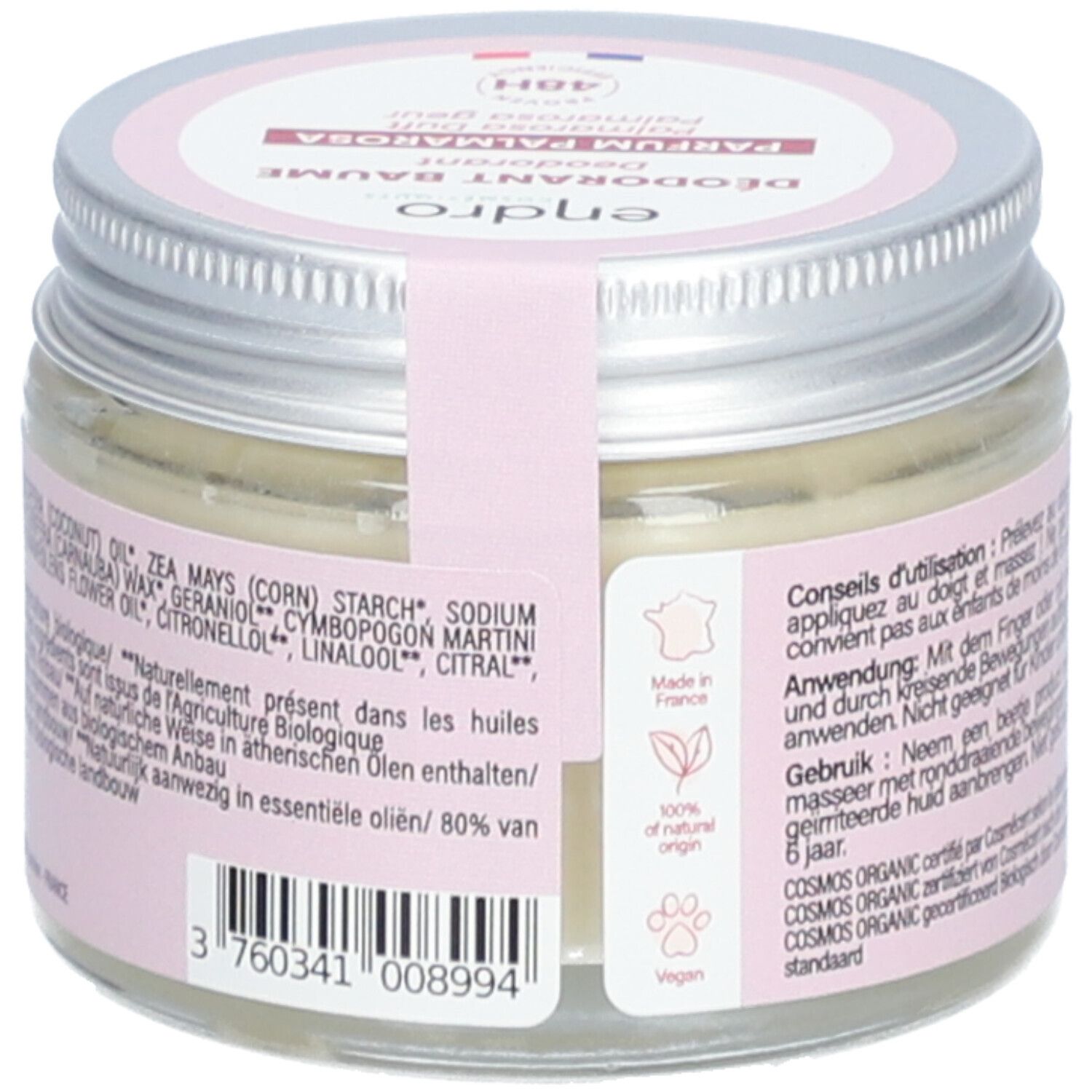 Dos du pot de déodorant Baume Endro. Étiquette rose avec ingrédients, logo Vegan, origine France.