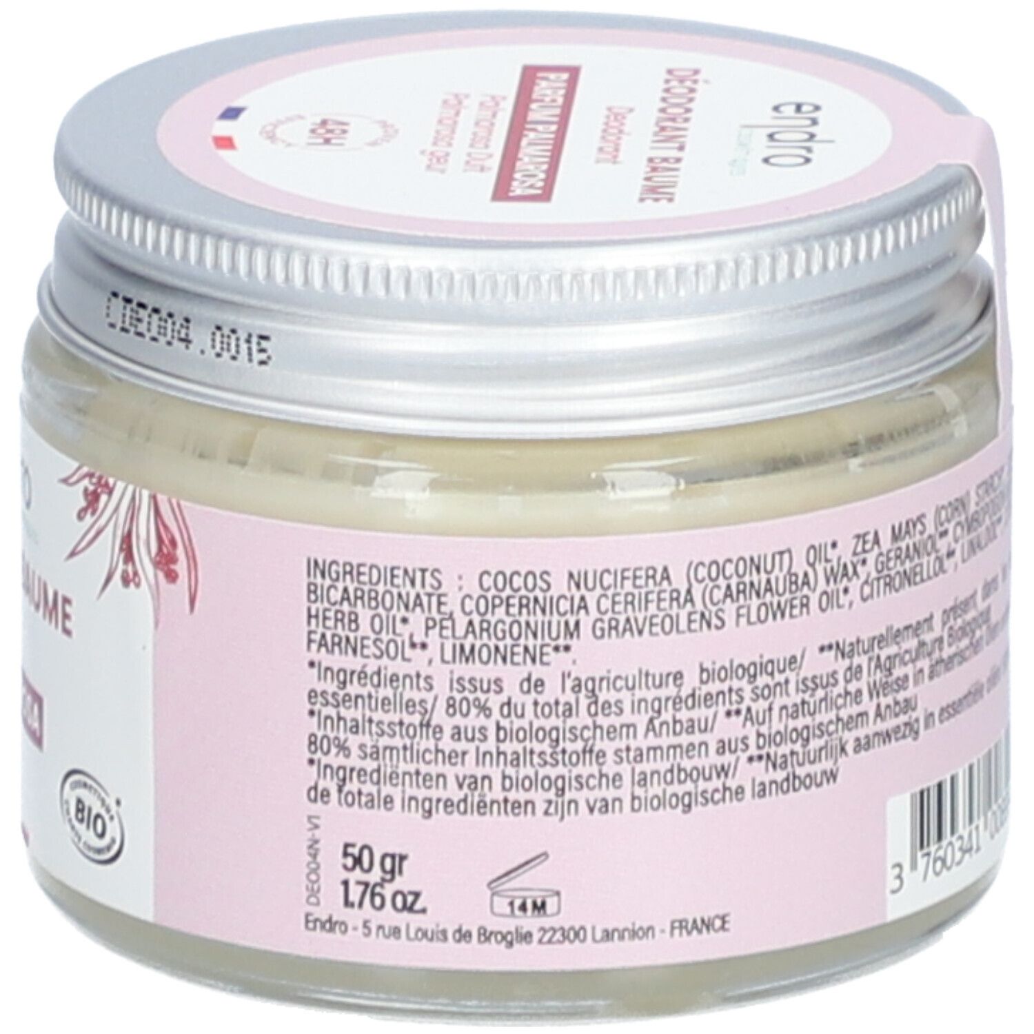 Dos du pot de déodorant Baume Endro. Étiquette rose avec ingrédients, poids, adresse et logo Vegan.