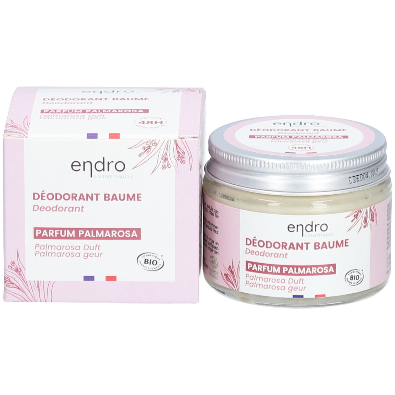 Déodorant Baume Endro et emballage. Emballage rose avec informations et label bio.