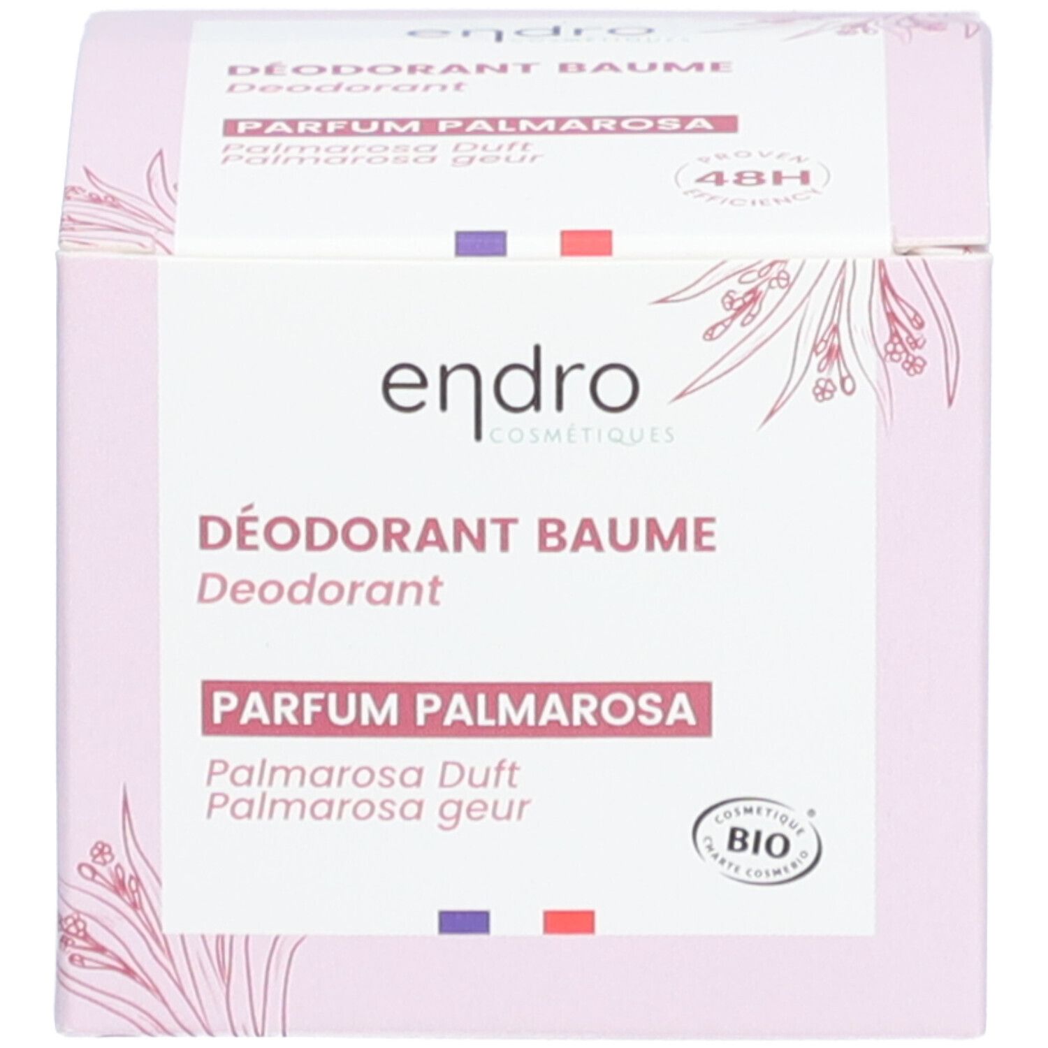 Emballage rose du déodorant Baume Endro. Informations produit, label bio et logo.