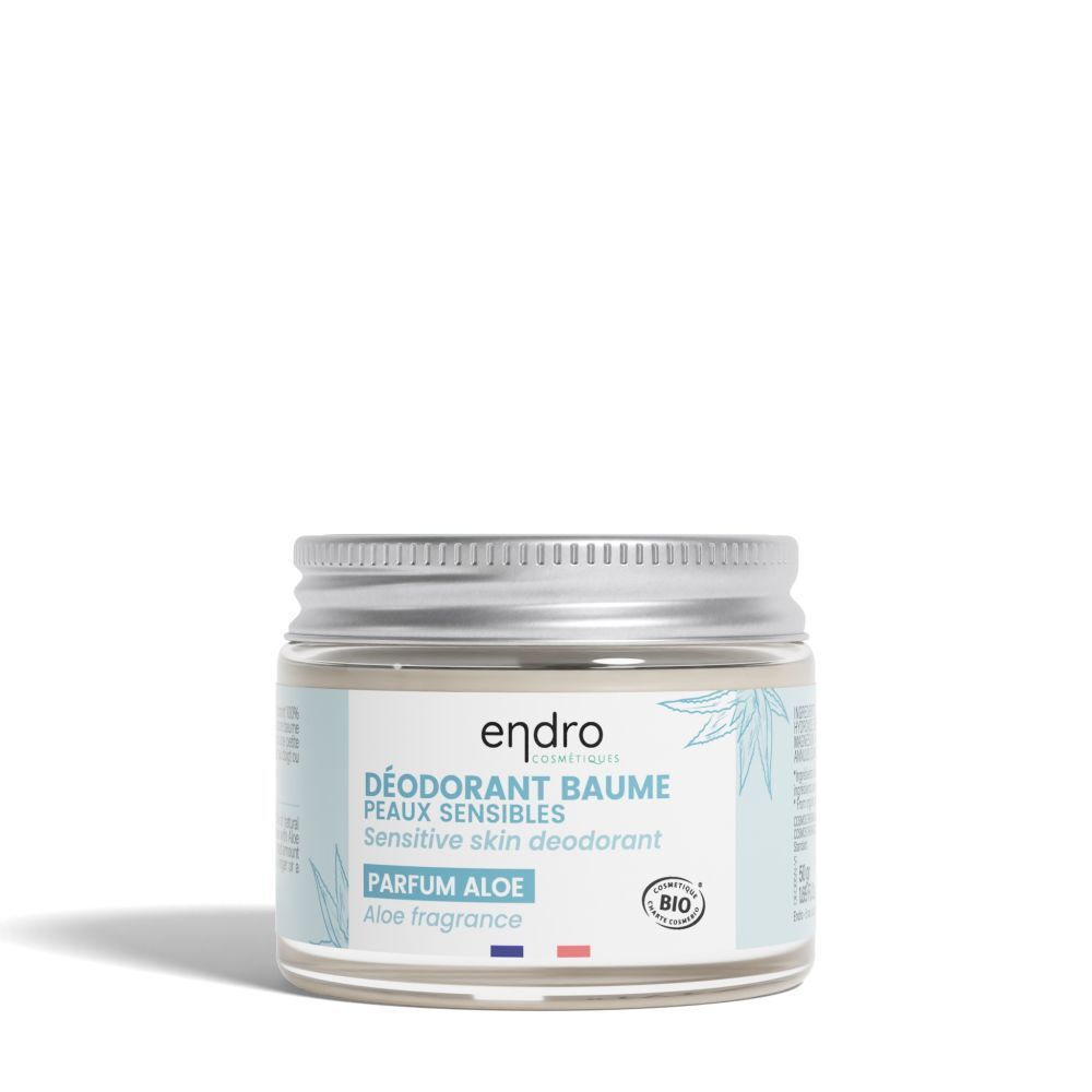 Pot de déodorant endro, parfum Aloe. Couvercle argenté, étiquette bleue. Certification bio.