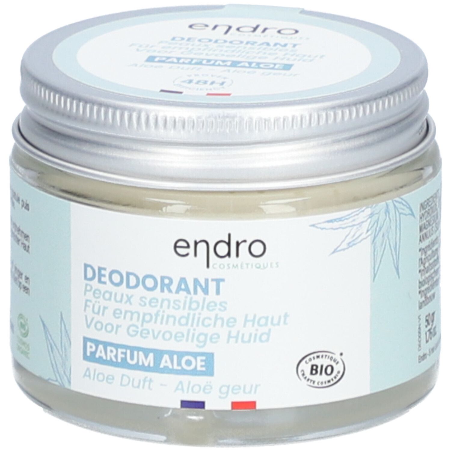 Deodorant-Glas mit Schraubverschluss. Aufschrift: endro, DEODORANT, Parfum Aloe. Bio-Zertifizierung.