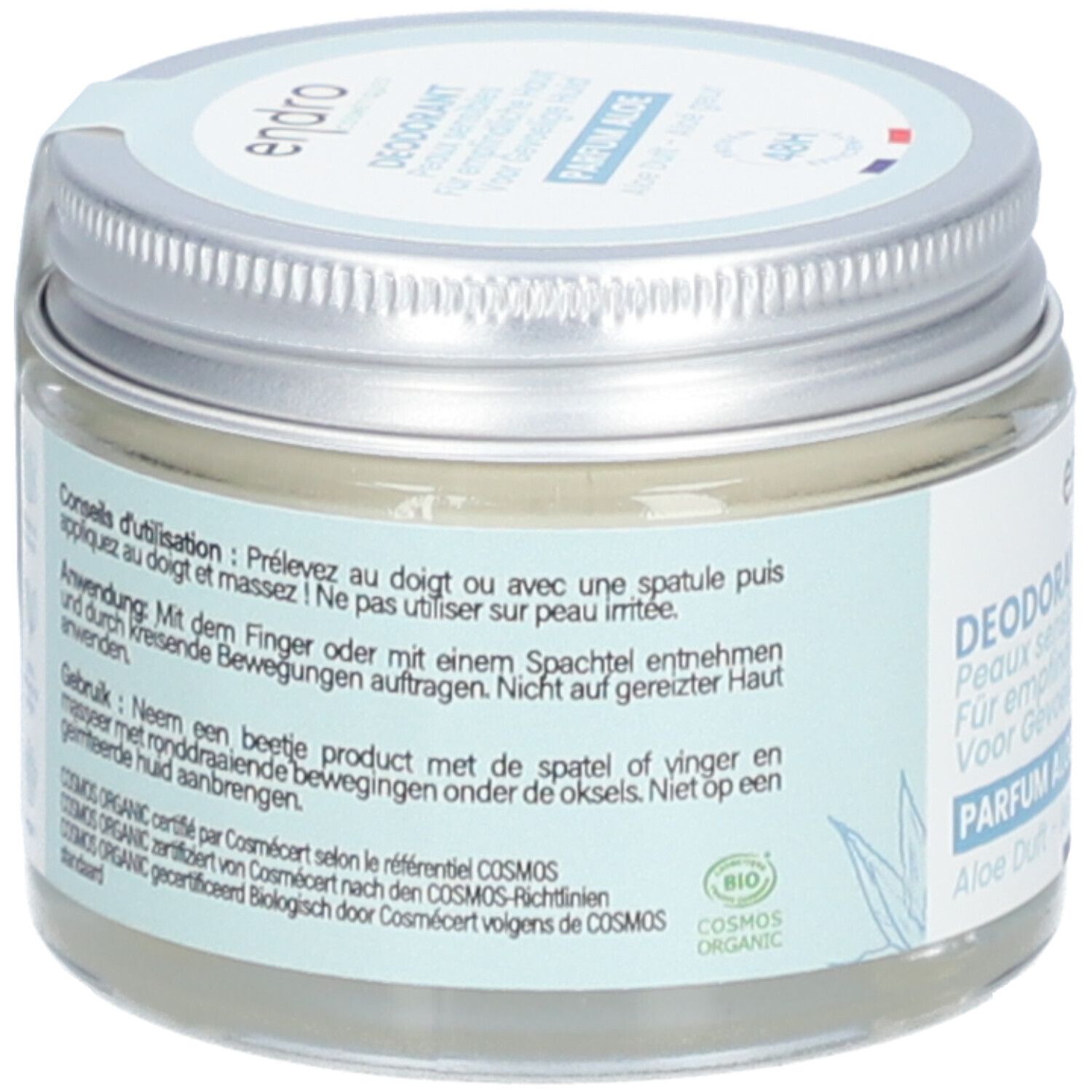 Rückseite des Deodorant-Glases. Text: Anwendung, Inhaltsstoffe, COSMOS ORGANIC Zertifizierung. Bio-Siegel.