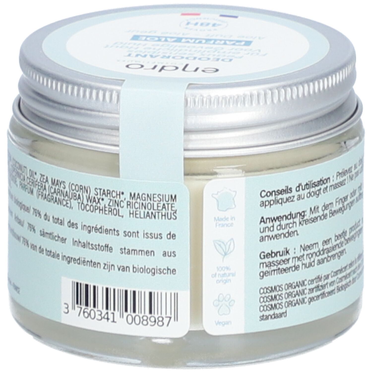 Rückseite des Deodorant-Glases. Text: Inhaltsstoffe, 100% natürlichen Ursprungs, vegan. Barcode.