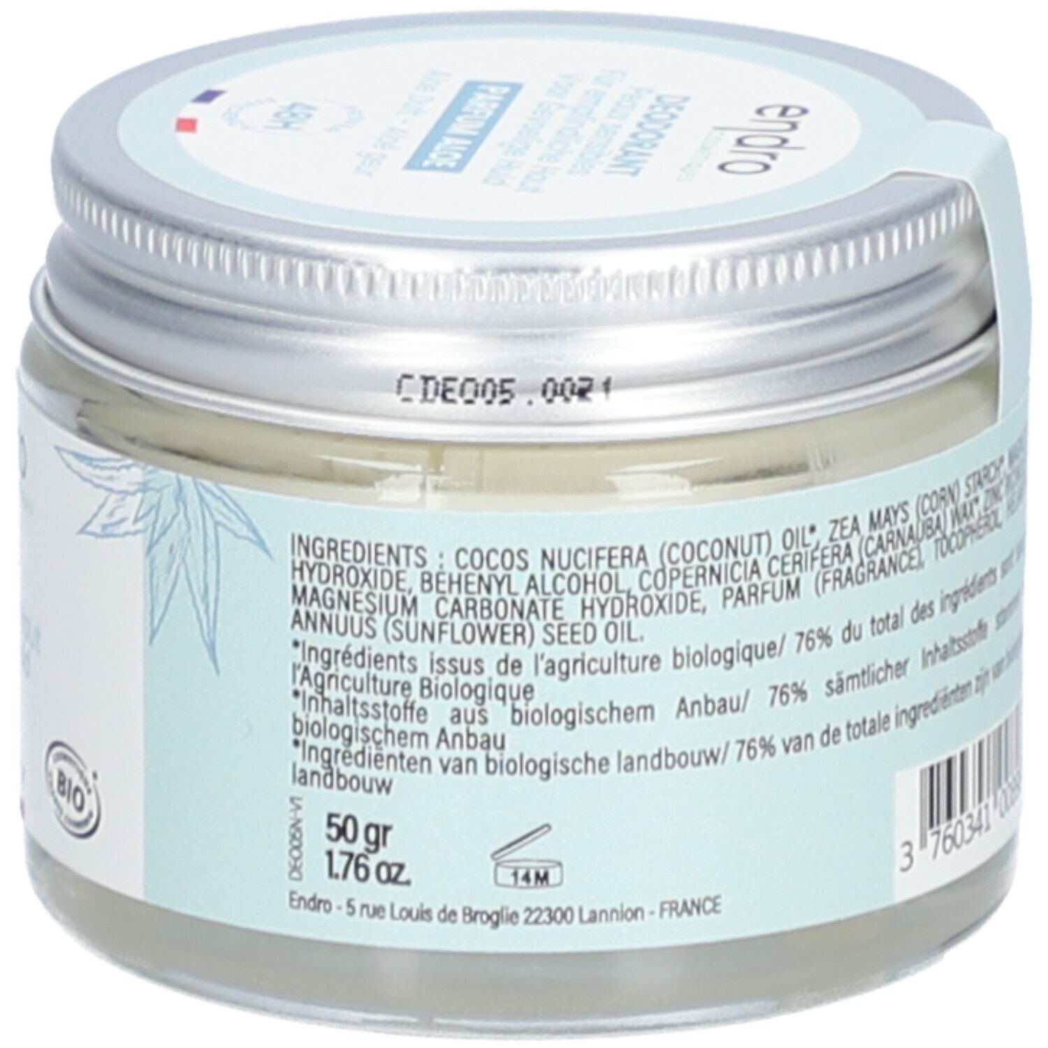 Deodorant-Glas, Rückseite. Text: Inhaltsstoffe, 50 g, 1.76 oz, Adresse. Barcode.
