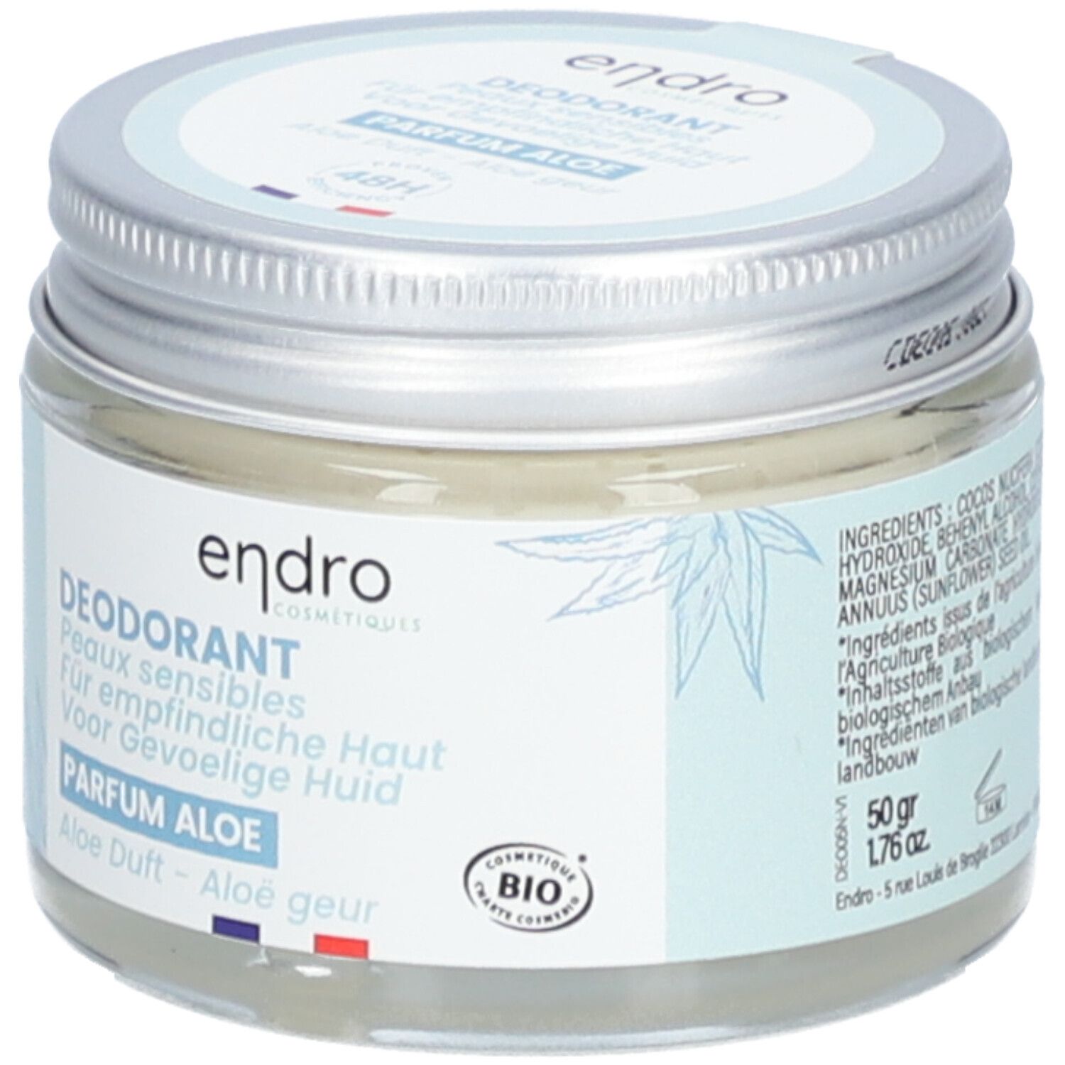 Deodorant-Glas mit Schraubverschluss. Aufschrift: endro, DEODORANT, Parfum Aloe. Bio-Zertifizierung.