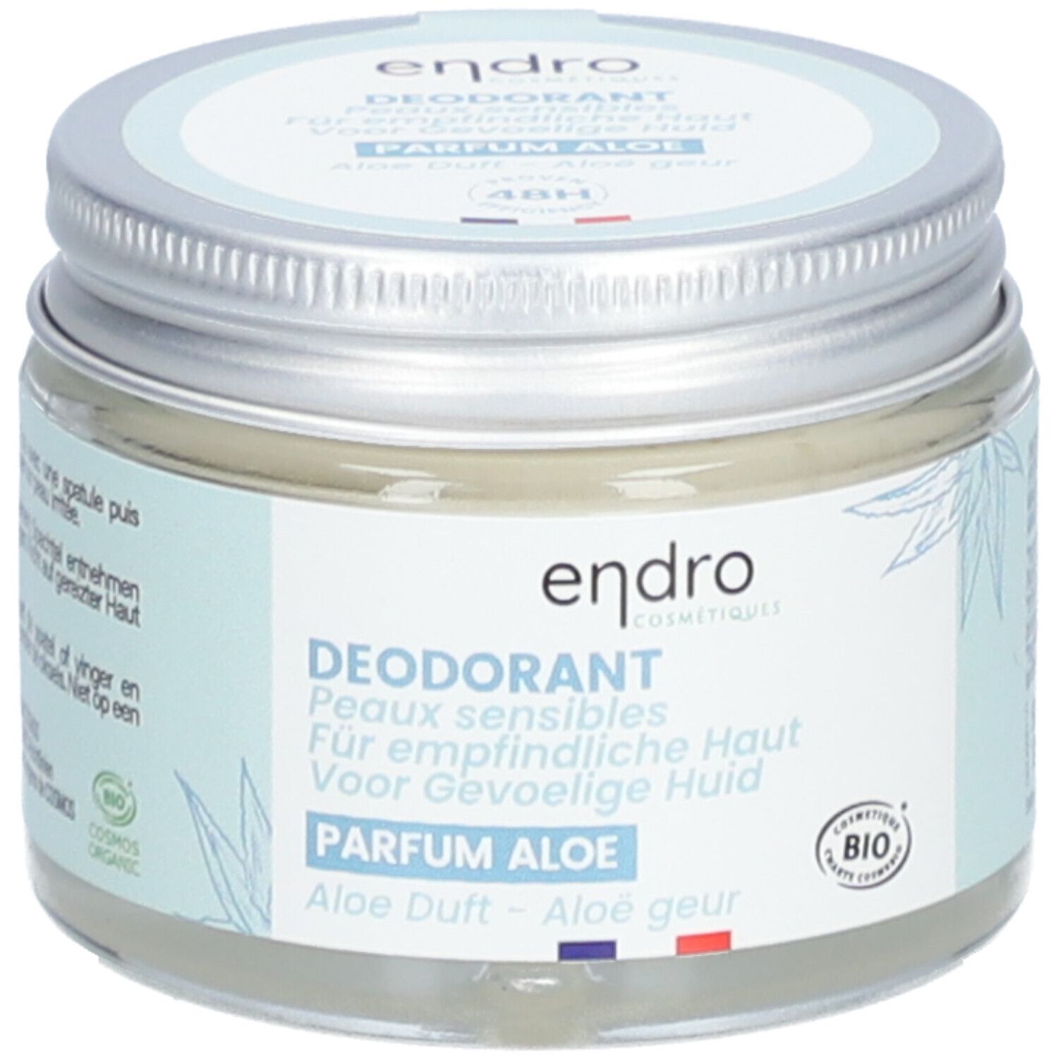 Deodorant-Glas mit Schraubverschluss. Aufschrift: endro, DEODORANT, Parfum Aloe. Bio-Zertifizierung.