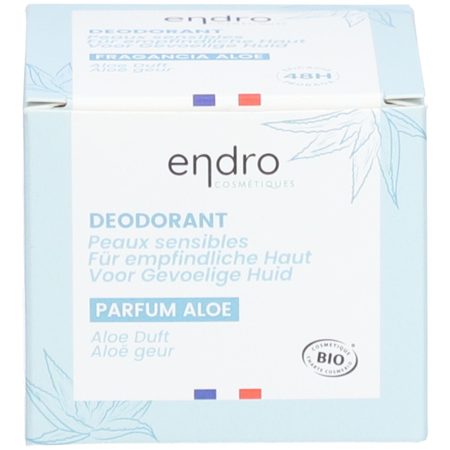 Schachtel mit Deodorant. Aufschrift: endro, DEODORANT, Parfum Aloe. Bio-Zertifizierung.