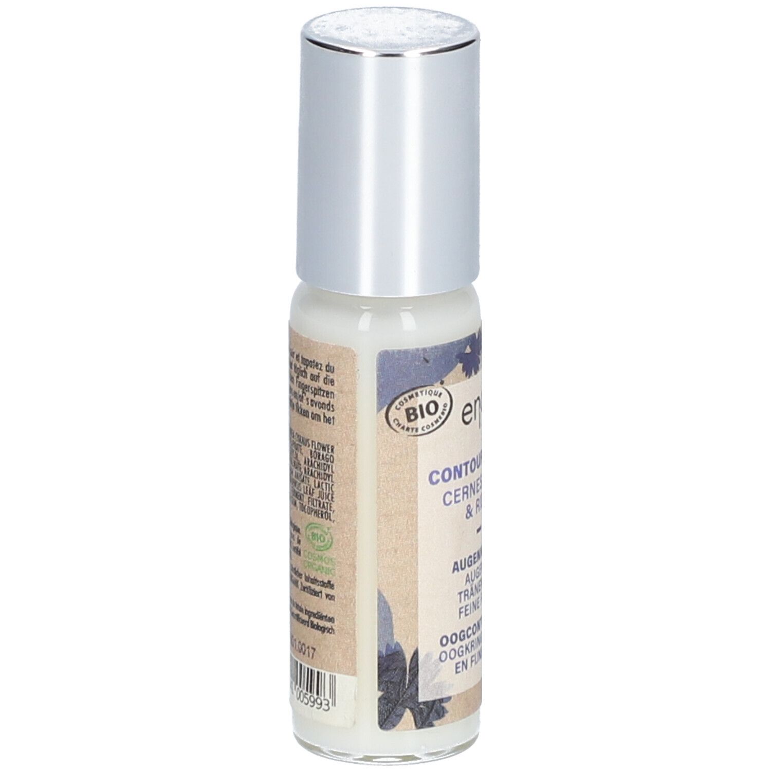 Creme-Flakon mit silbernem Deckel. Aufschrift: endro, Contour des yeux. Bio-Siegel. Rückseite mit Text und Barcode.