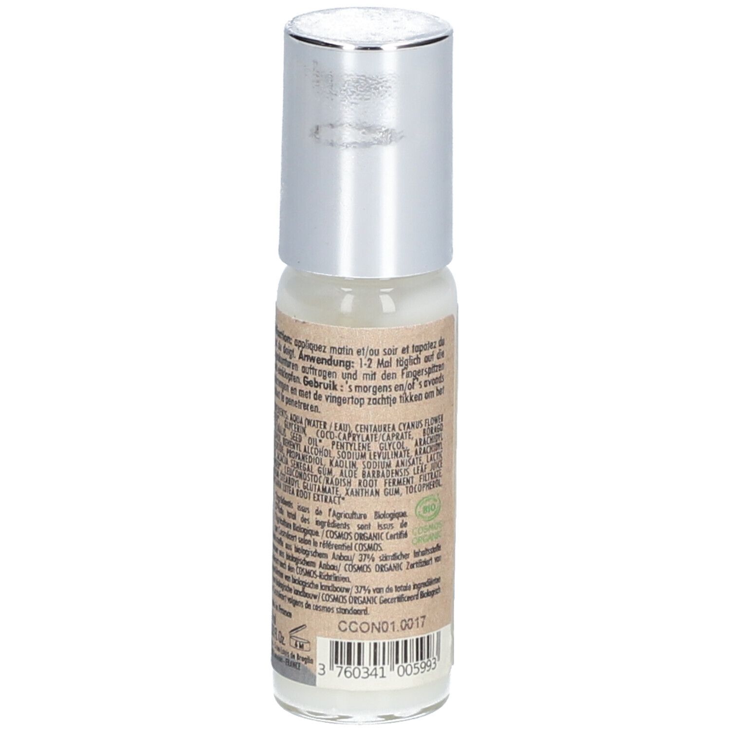 Creme-Flakon mit silbernem Deckel. Rückseite mit Text, Inhaltsstoffen und Bio-Siegel. Barcode unten.