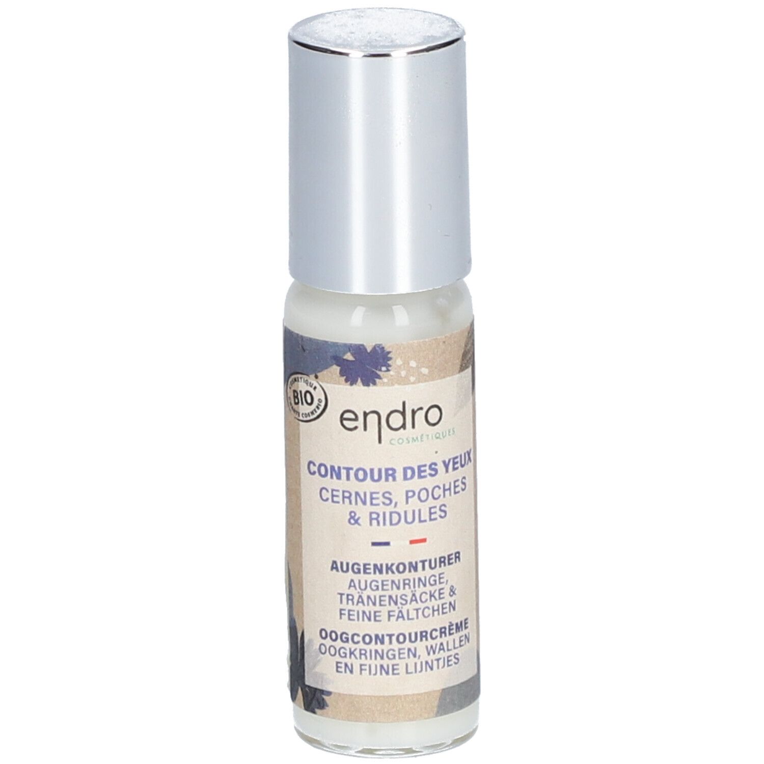 Creme-Flakon mit silbernem Deckel. Aufschrift: endro, Contour des yeux, Augenringe, Tränensäcke & feine Fältchen. Bio-Siegel.
