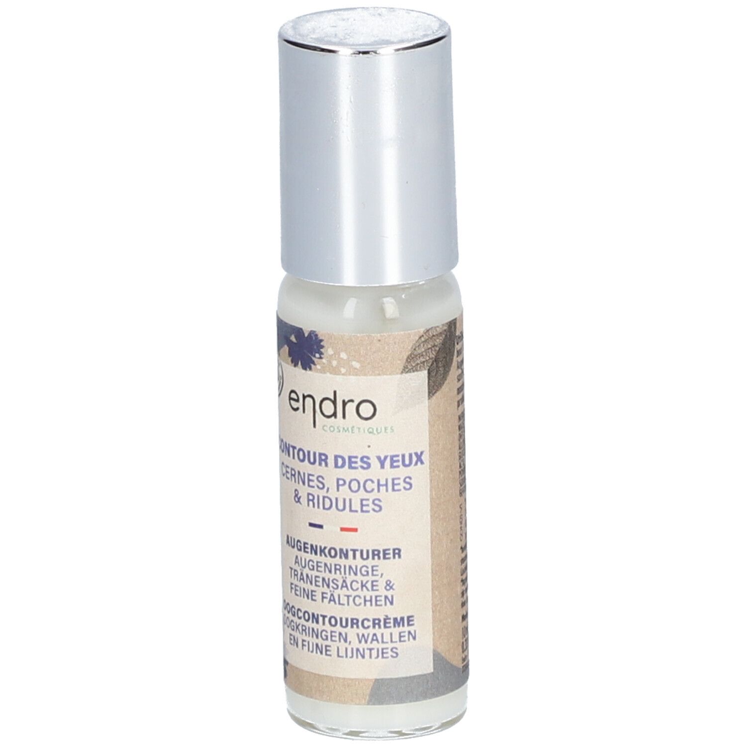 Creme-Flakon mit silbernem Deckel. Aufschrift: endro, Contour des yeux, Augenringe, Tränensäcke & feine Fältchen. Bio-Siegel.