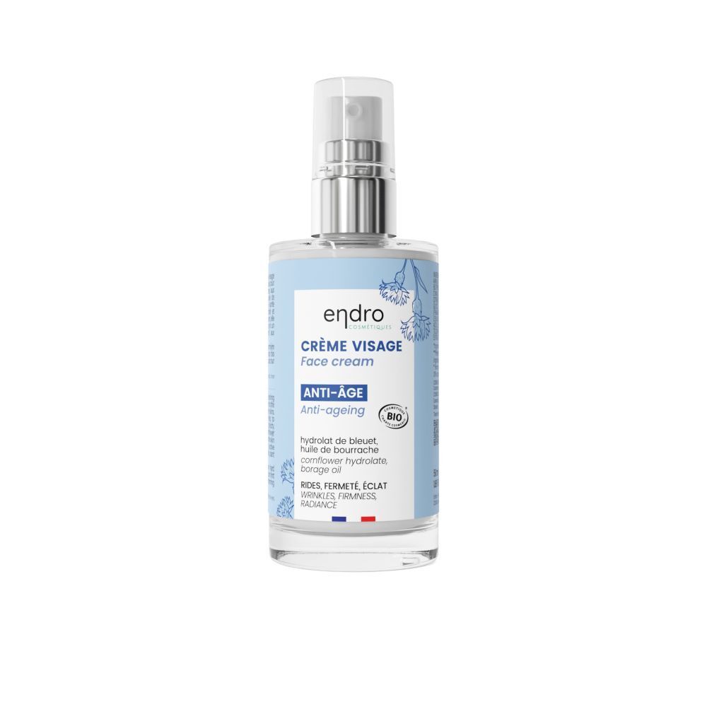 Gezichtscrème met pomp. Blauwe etiketten met productnaam, anti-aging en bloemenpatroon.