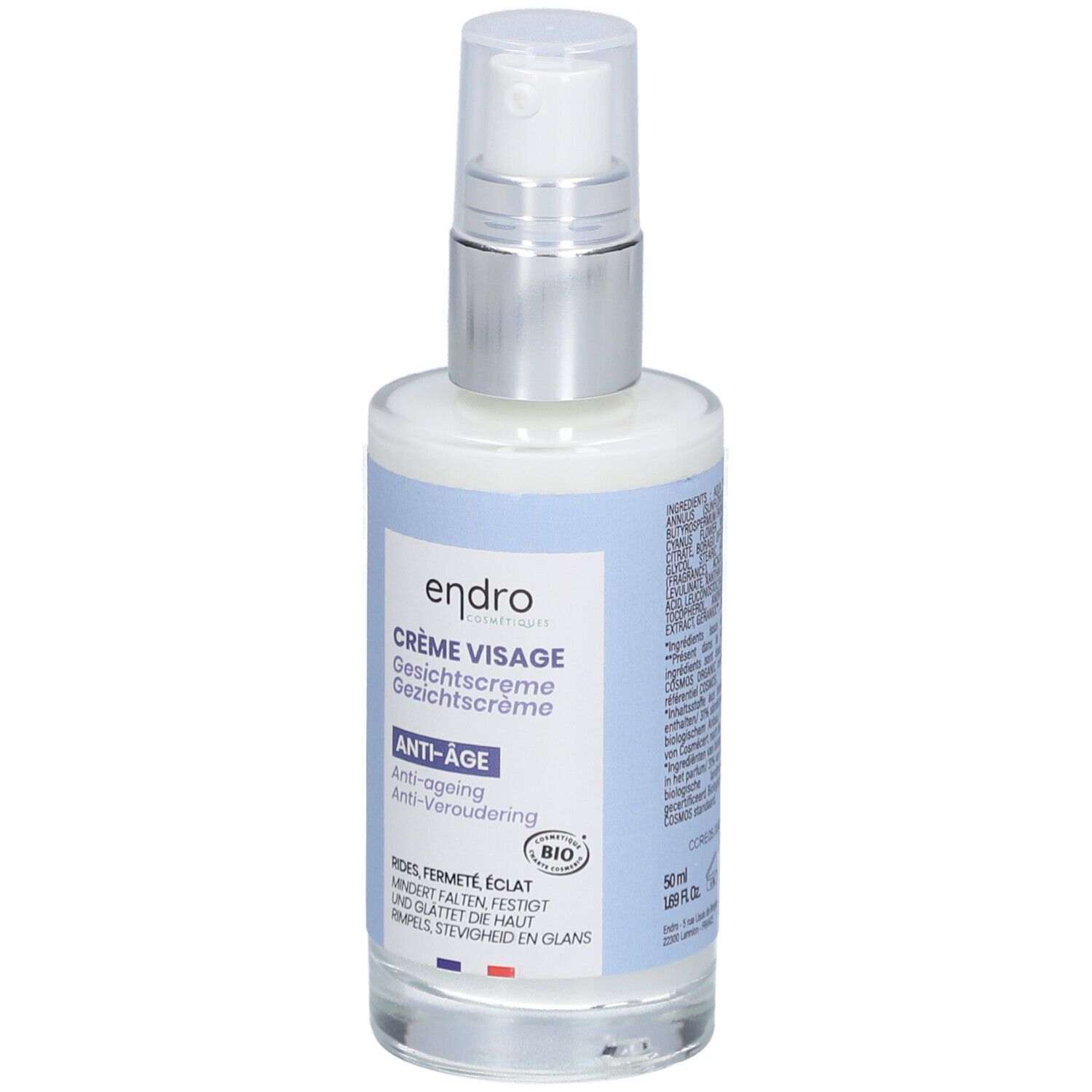 Crème visage avec pompe. Étiquettes bleues avec nom du produit, indication anti-âge et indication 50 ml.