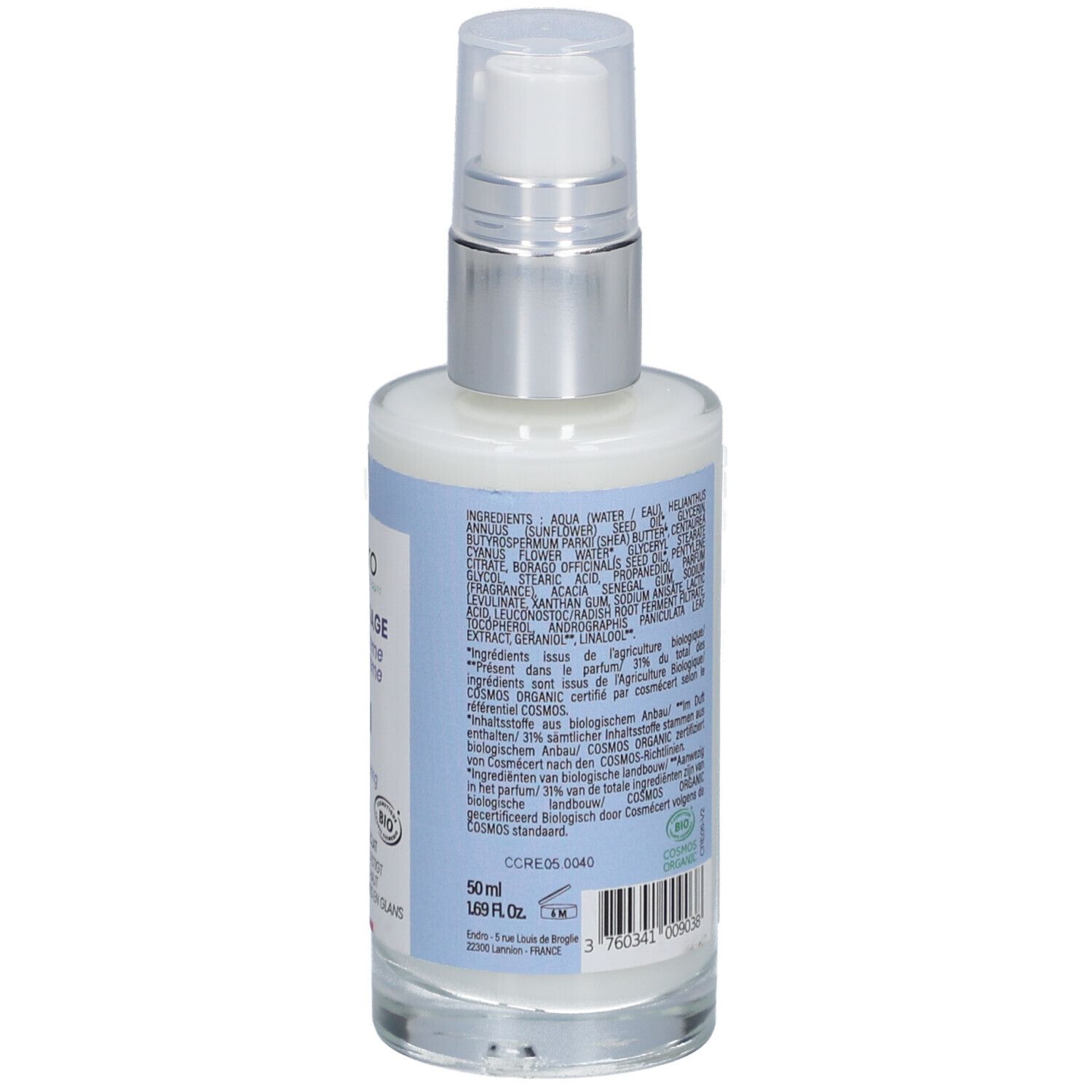 Vue arrière de la crème visage. Étiquettes bleues avec ingrédients, indication 50 ml et label bio.