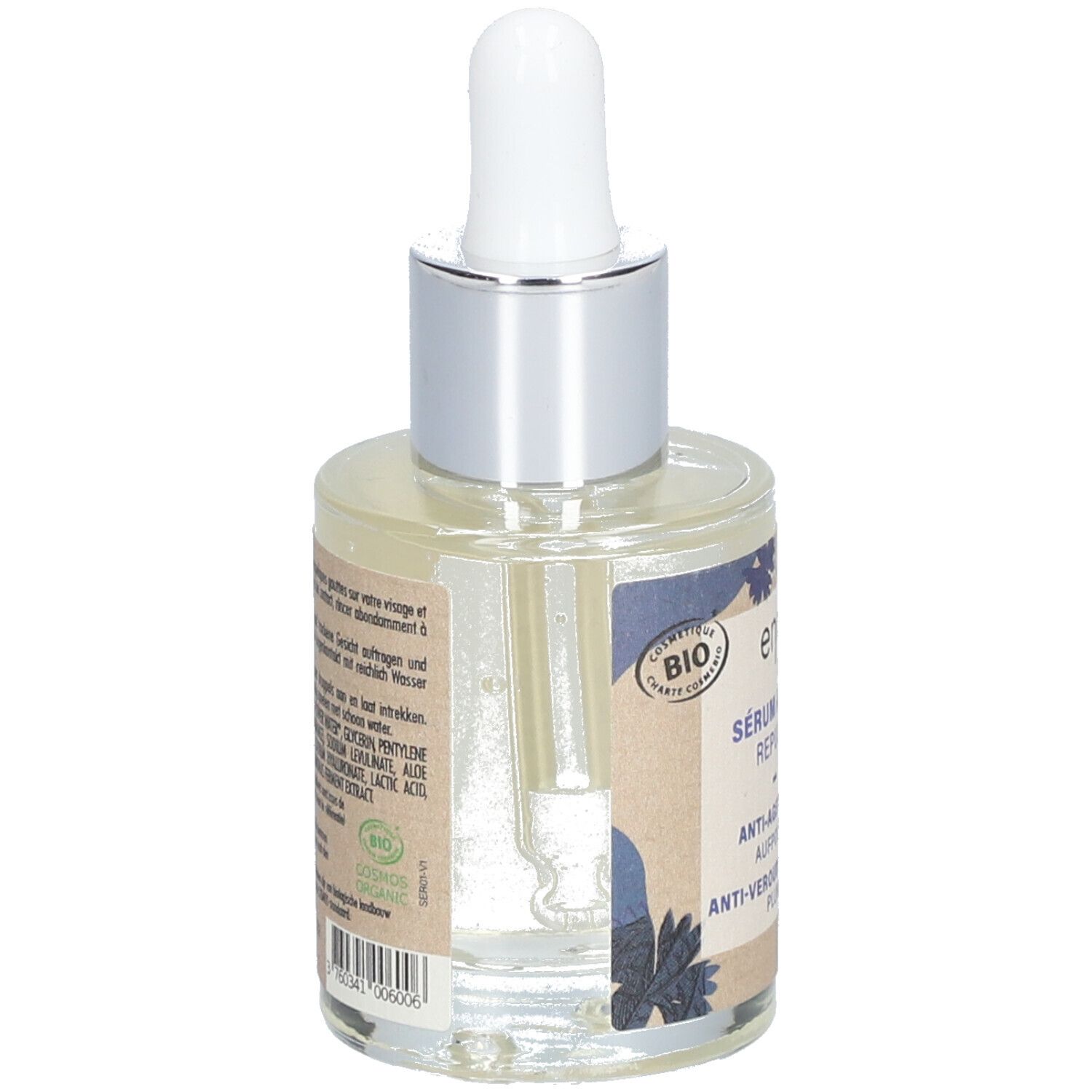 Rückansicht einer Glasflasche mit Serum und Pipette. Aufschrift: Endro, Sérum Anti-Âge Repulpant. Etikett mit Inhaltsstoffen.