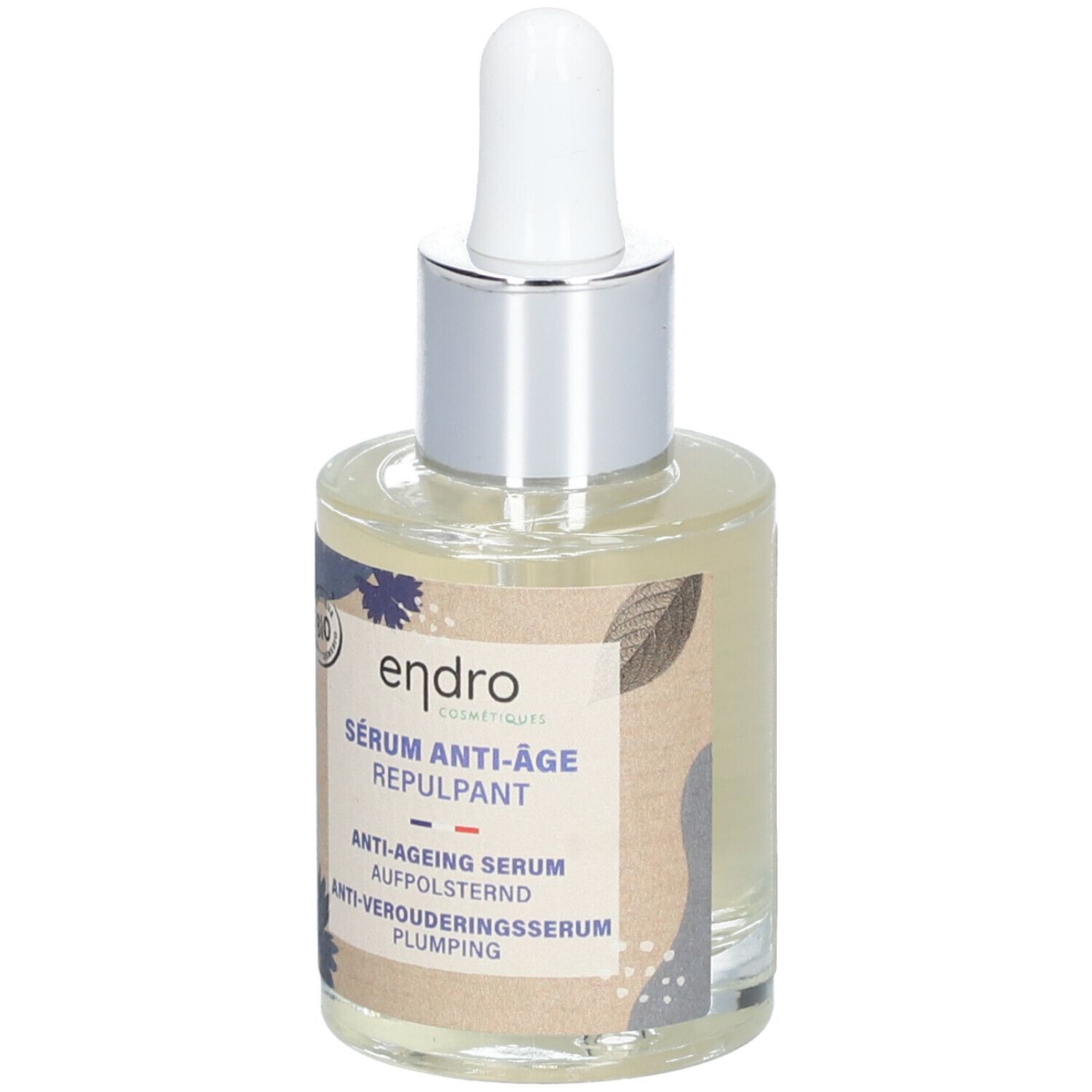 Glasflasche mit Serum und Pipette. Aufschrift: Endro, Sérum Anti-Âge Repulpant, Anti-Ageing Serum. Bio-Zertifizierung.