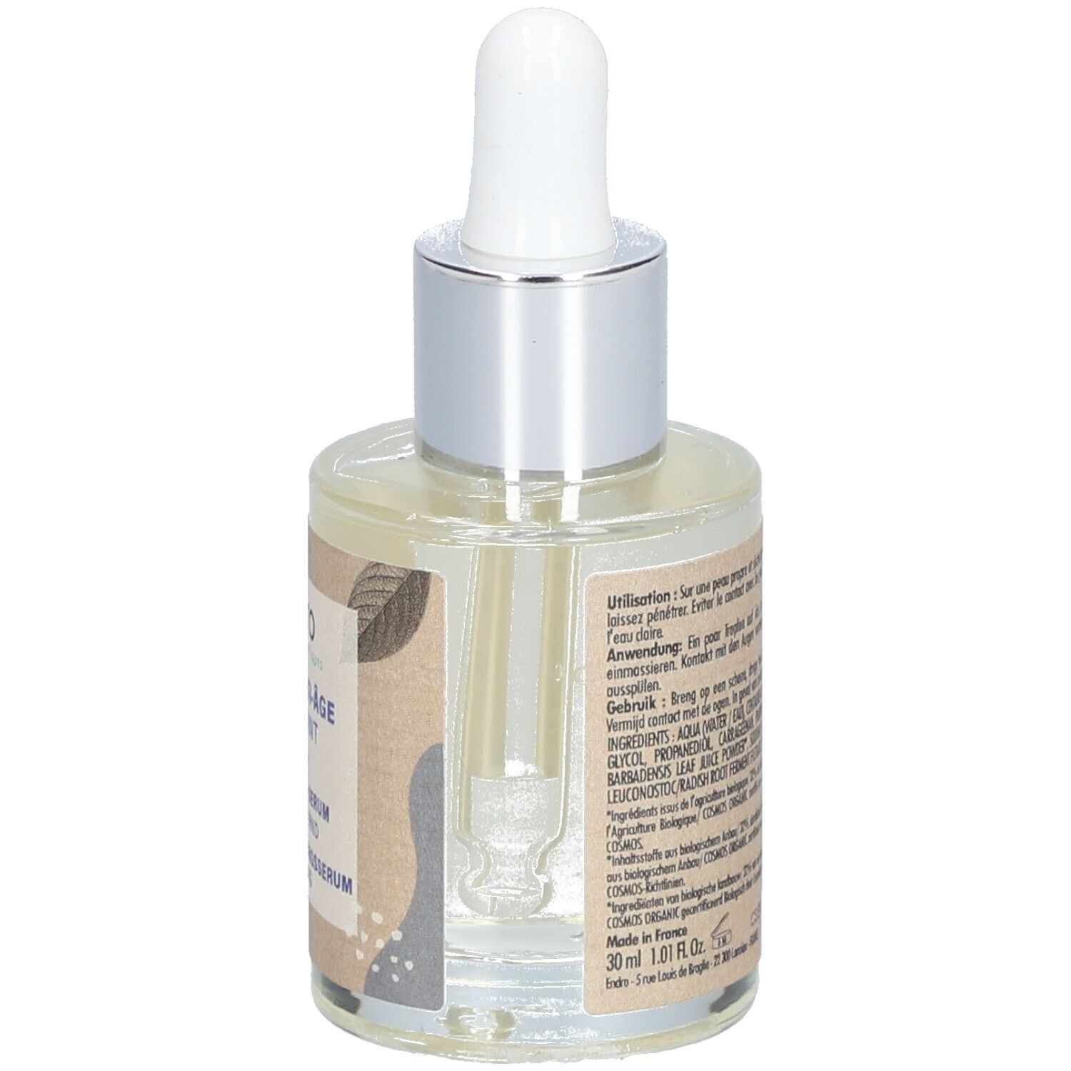 Rückansicht einer Glasflasche mit Serum und Pipette. Aufschrift: Endro, Sérum Anti-Âge. Etikett mit Inhaltsstoffen.