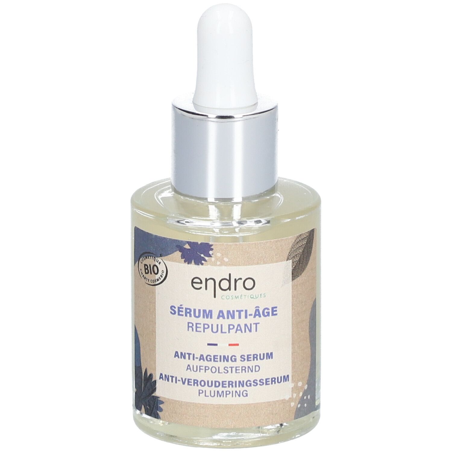 Klarflüssiges Serum in einer Glasflasche mit Pipette. Aufschrift: Endro, Sérum Anti-Âge Repulpant, Anti-Ageing Serum.