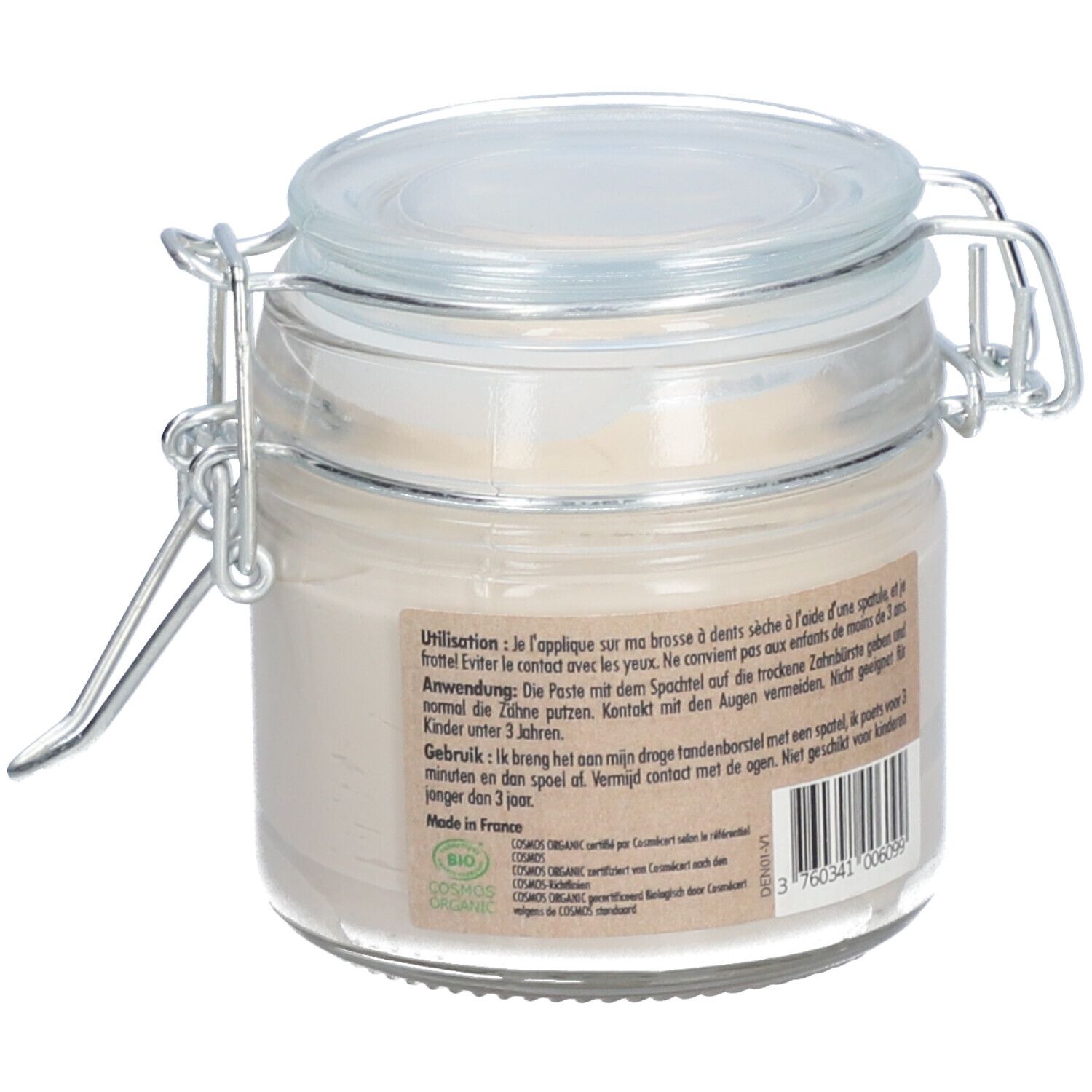 Glazen pot met tandpasta. Label met tekst en barcode. Bio-certificering. Deksel met metalen sluiting.