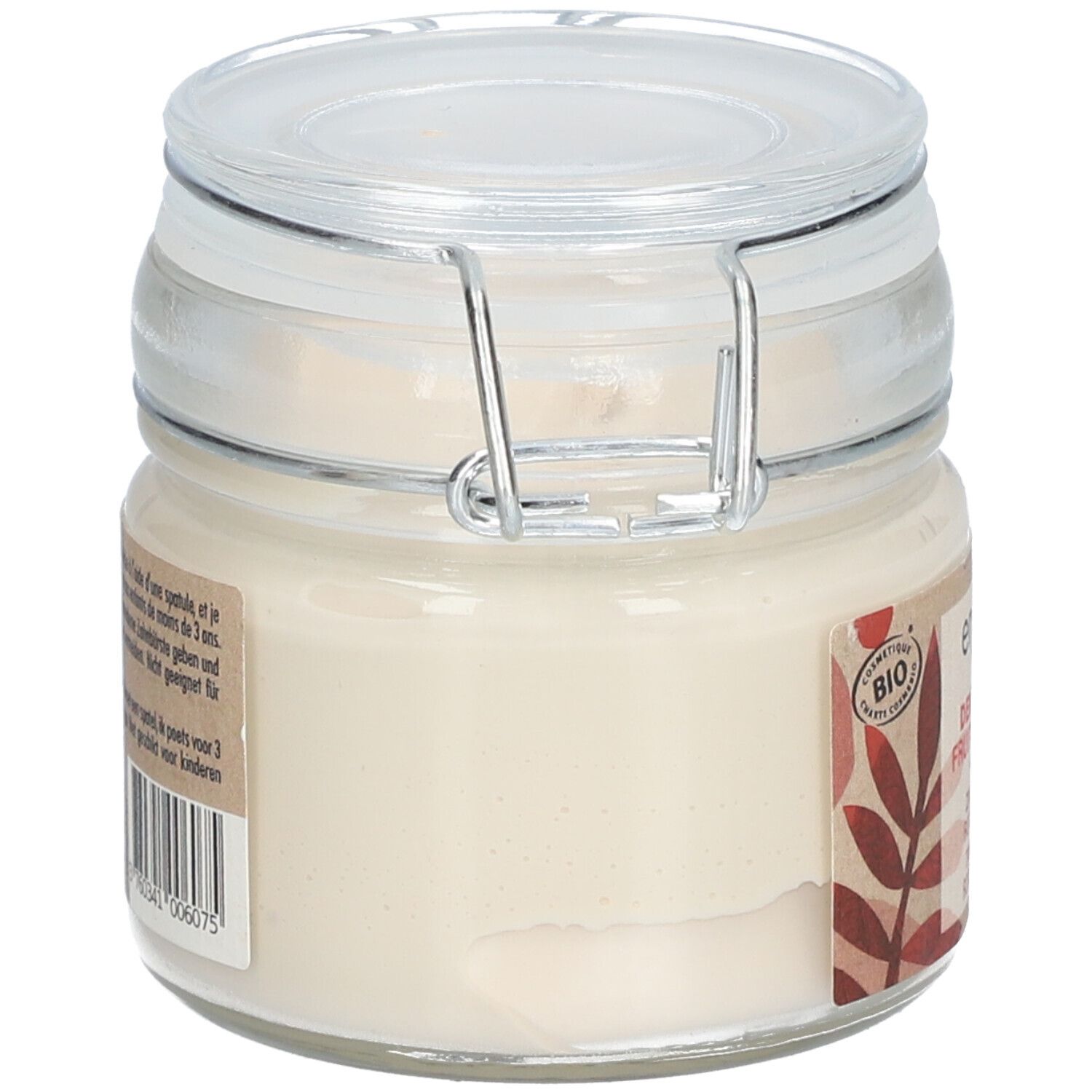 Glasbehälter mit Bügelverschluss, gefüllt mit einer hellen Creme. Bio-Siegel und Pflanzenmotiv auf dem Etikett.
