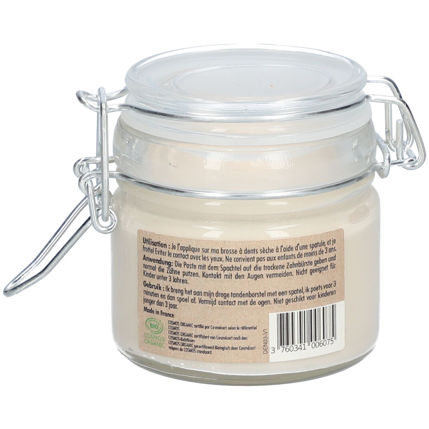 Glasbehälter mit weißer Paste, Metallbügelverschluss und Etikett mit Bio-Siegel und Barcode.